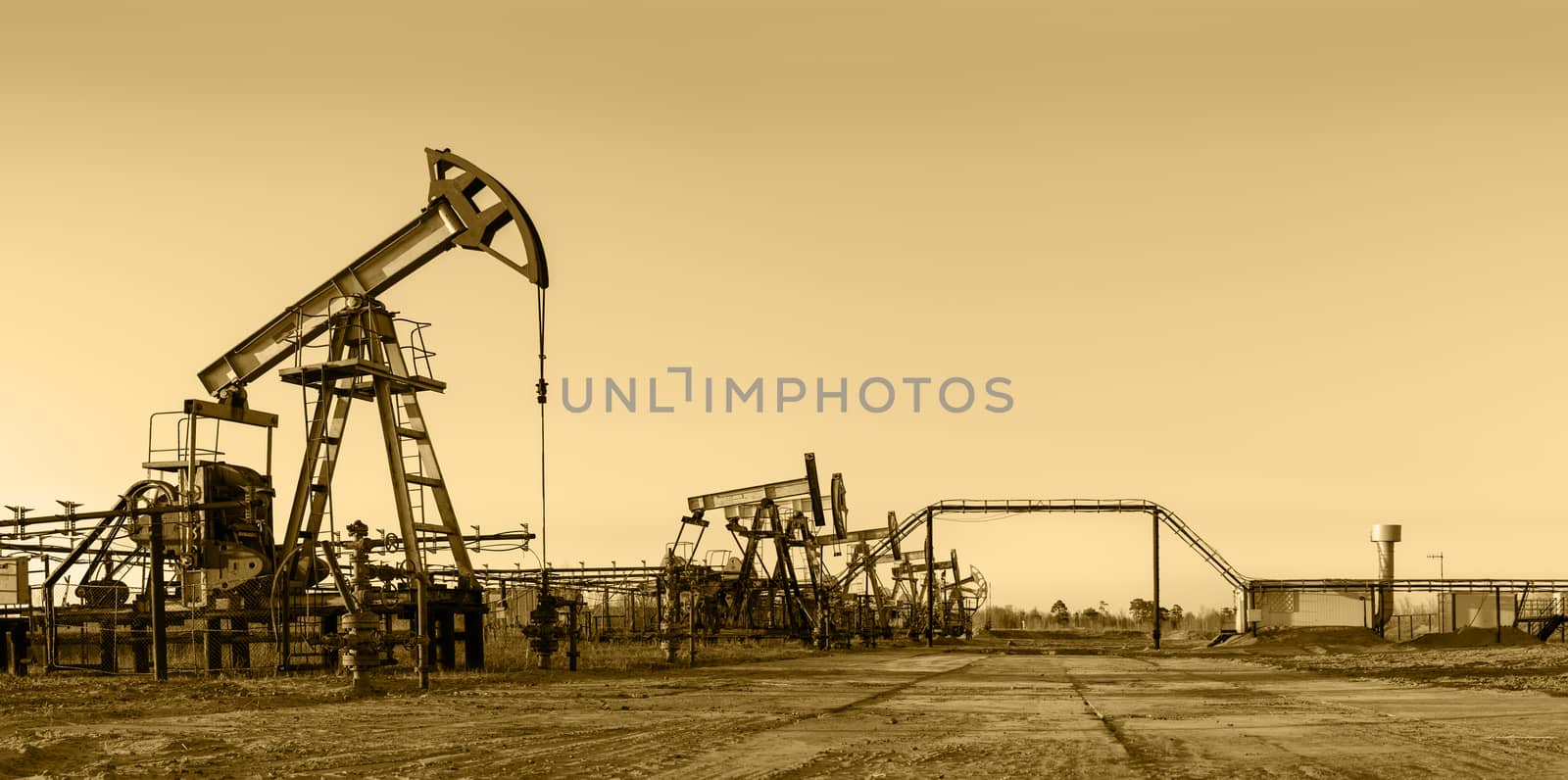 Pump jack group and wellheads. Extraction of oil. Toned.