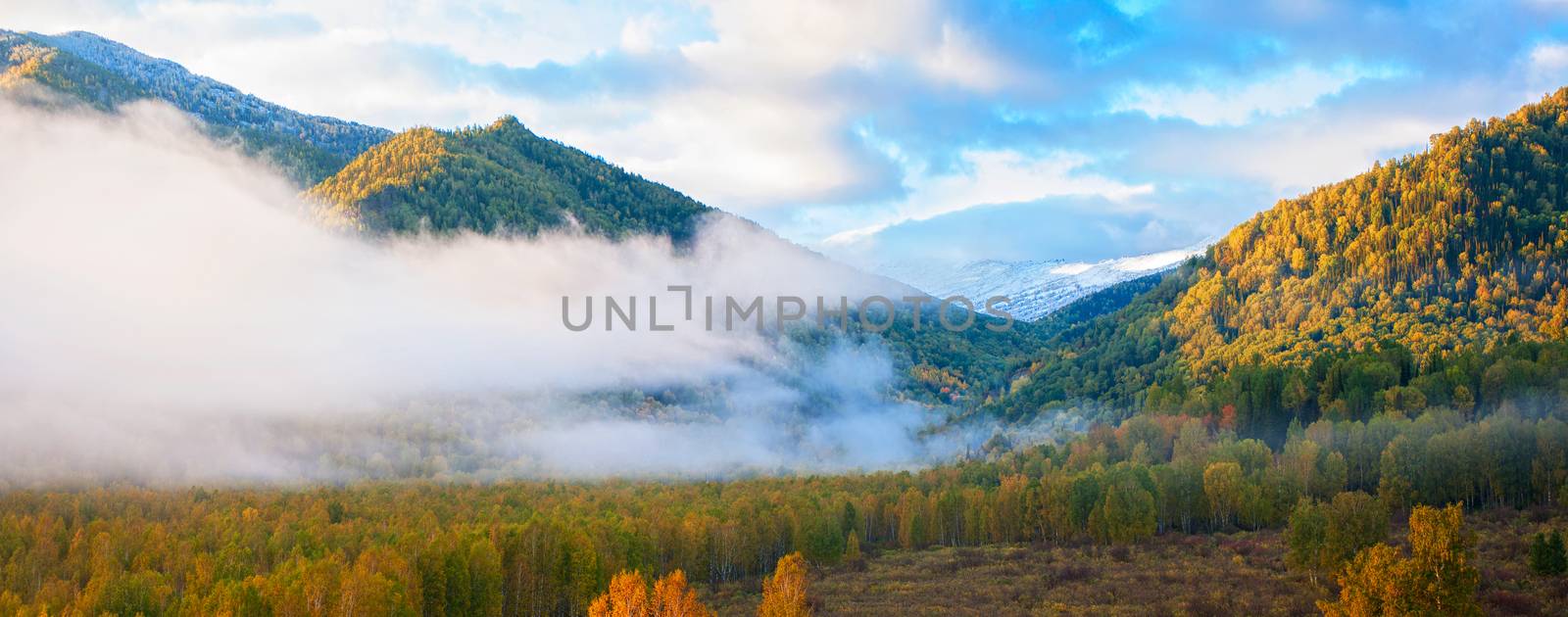 sunrise in autumn taiga and mountains