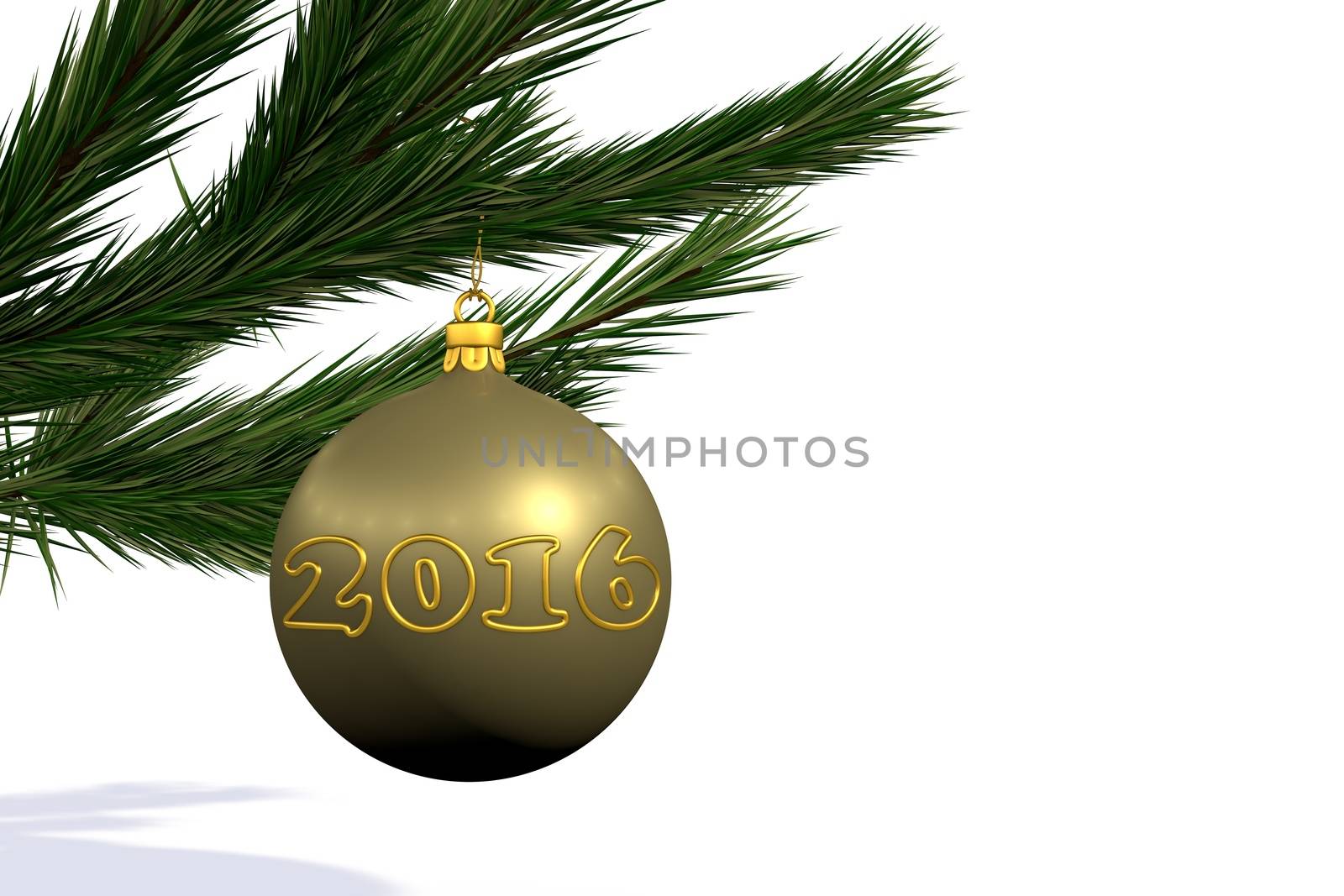 gold Christmas decoration ball on Christmas tree branch isolated on white