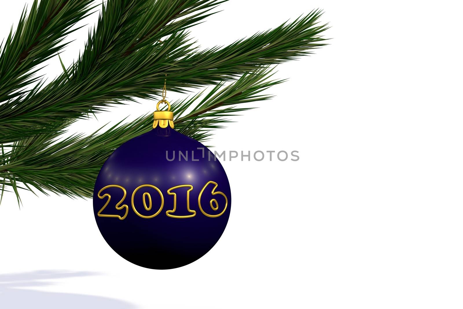 blue Christmas decoration ball on Christmas tree branch isolated on white