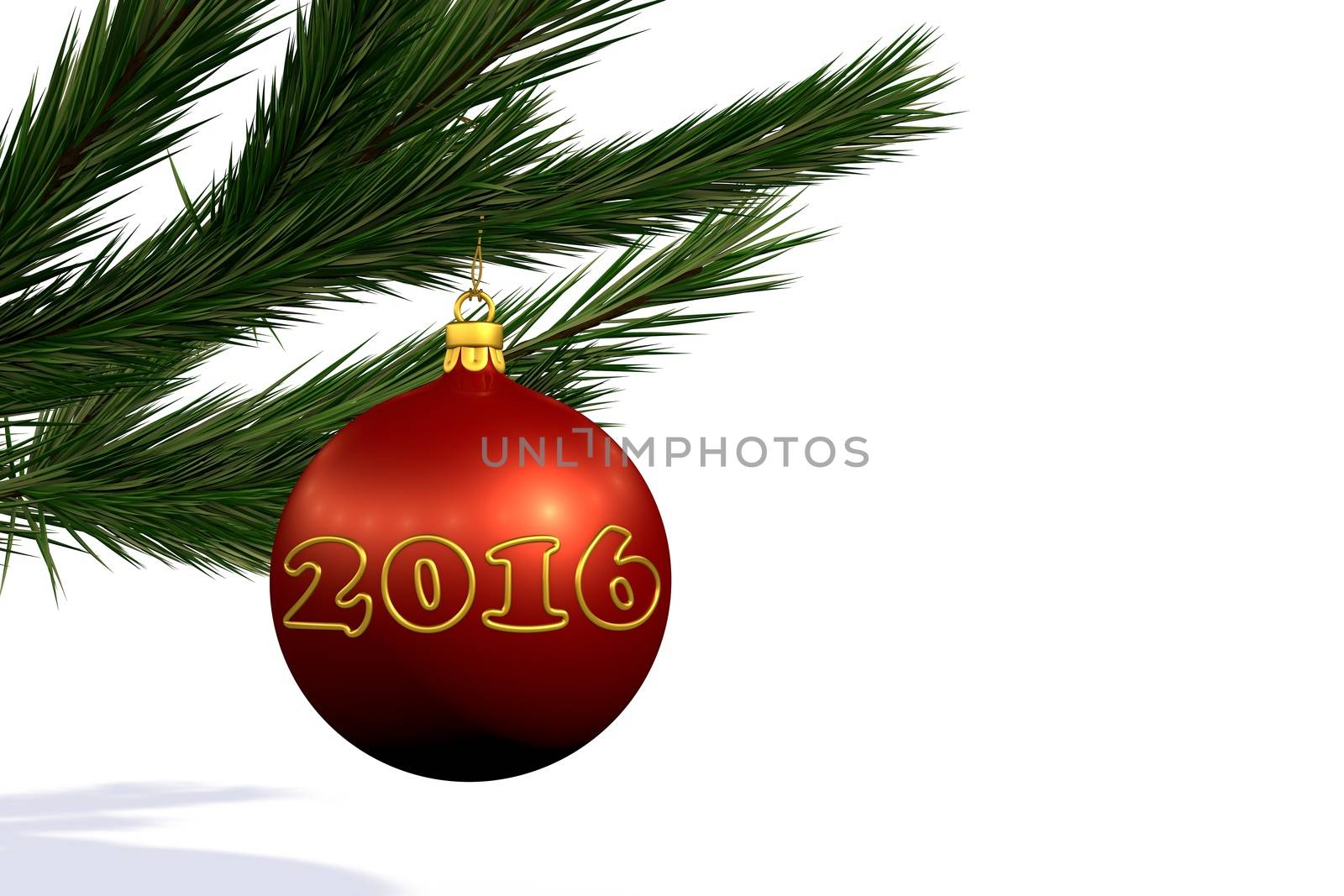 red Christmas decoration ball on Christmas tree branch isolated on white