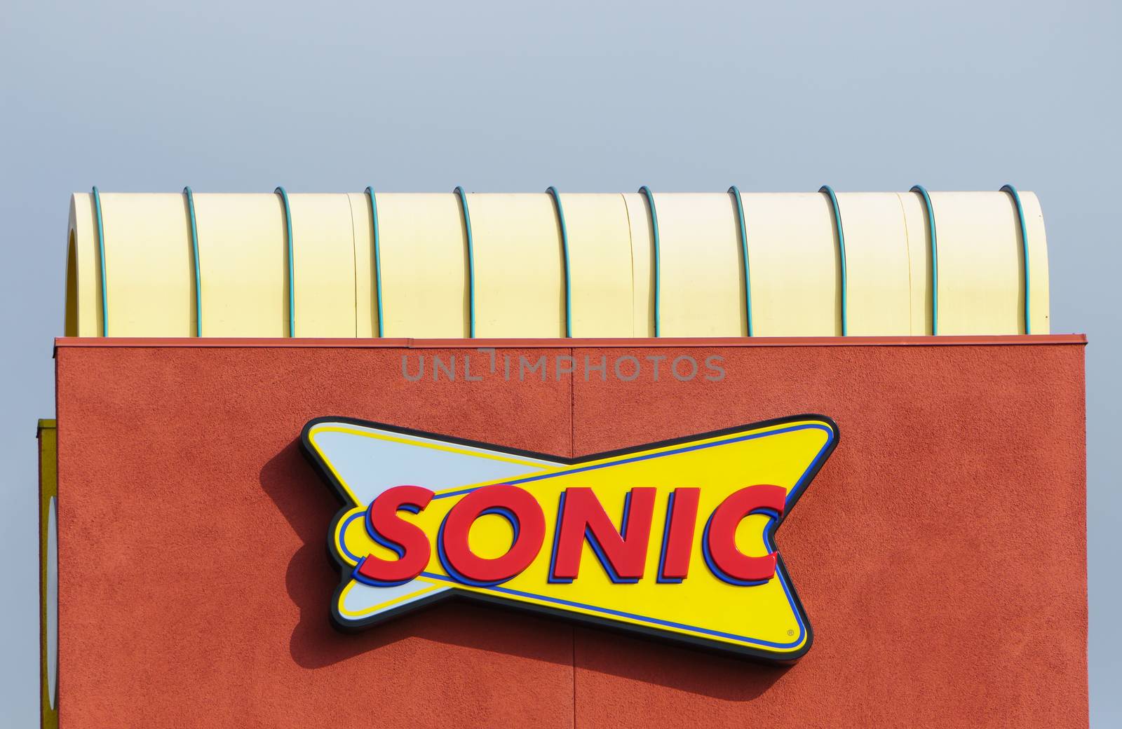 COSTA MESA, CA/USA - OCTOBER 17, 2015: Sonic Drive-In Restaurant exterior. Sonic Corp. is an American drive-in fast-food restaurant chain.