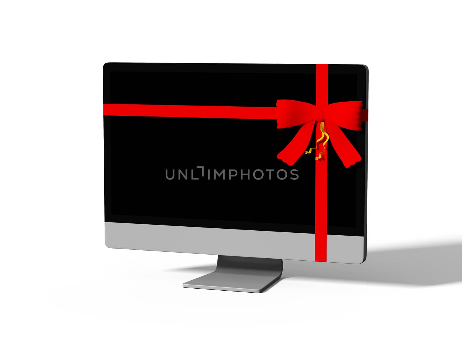 monitor wrapped with color ribbon, on white background