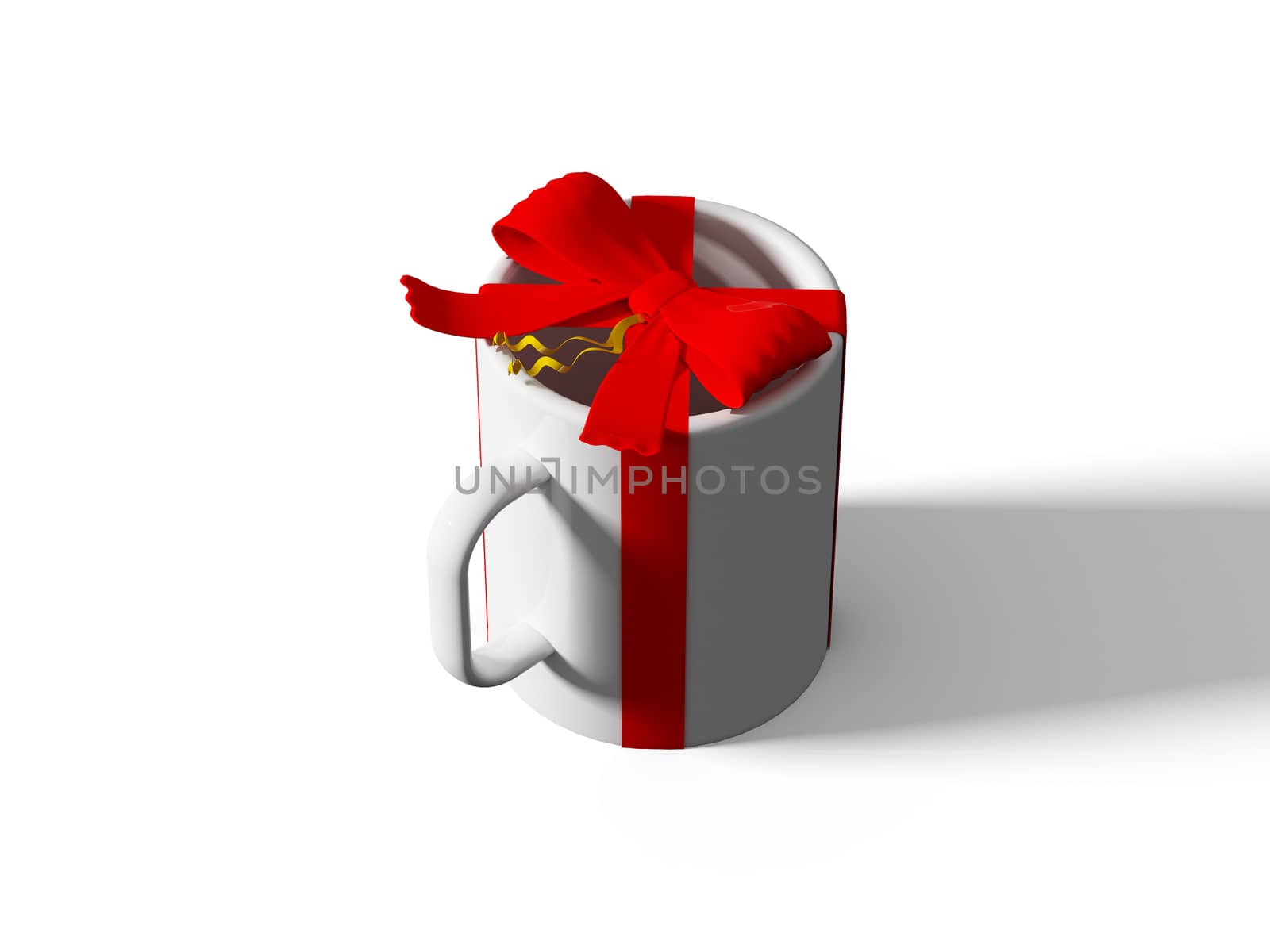 coffee cup wrapped with color ribbon, on white background