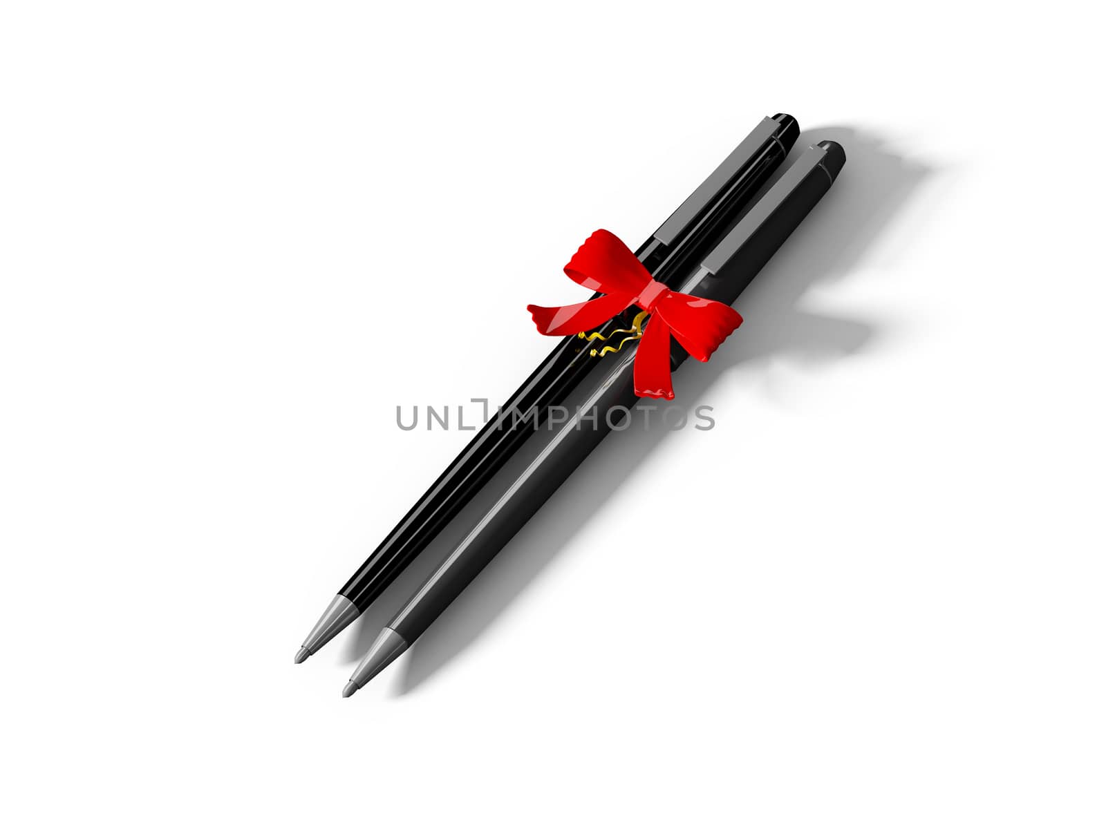 Pens wrapped with color ribbon, on white background