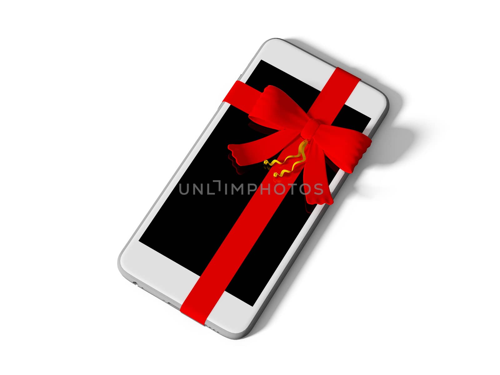 smartphone wrapped with color ribbon, on white background