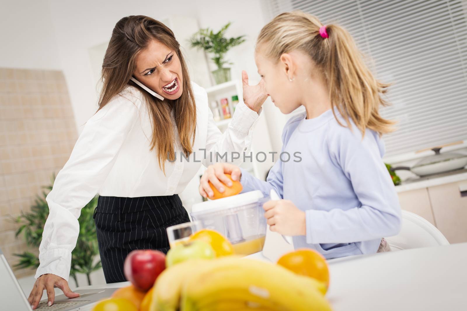 Overworked Mother Rushing her daughter in the morning to go faster because she late for work. They getting angry with each other because of stress.