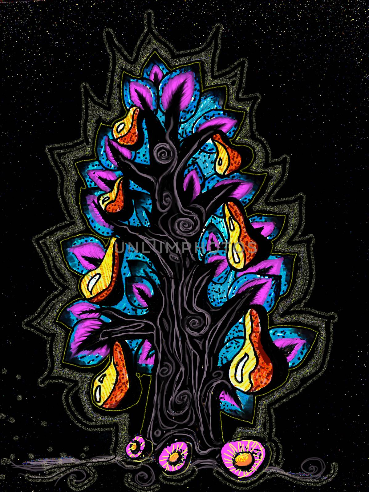 Colorful fabulous magic tree pear on black background  avocado by AlexandraFenec