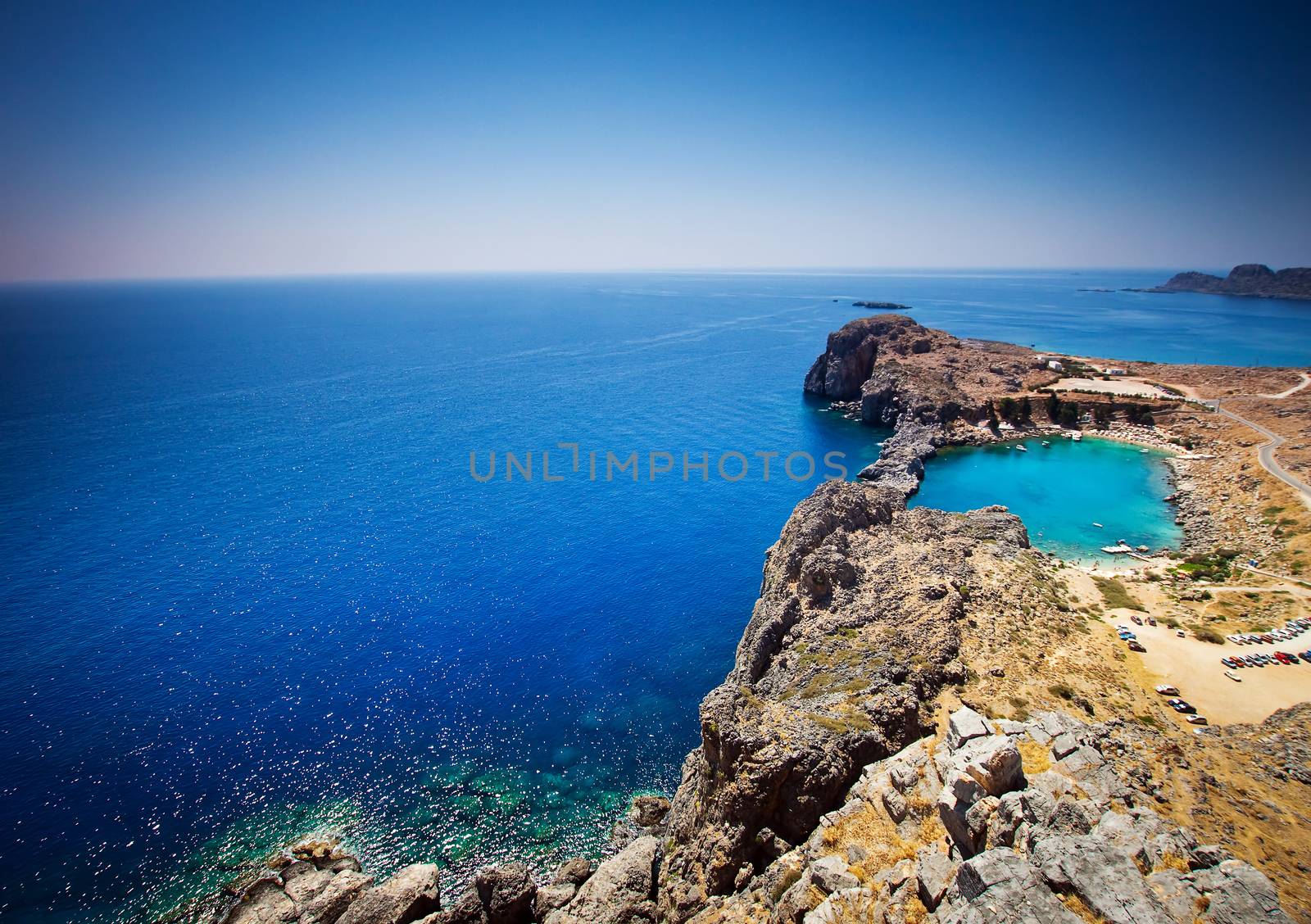 Looking down onto St Paul's Bay at Lindos on the Island of Rhodes Greece