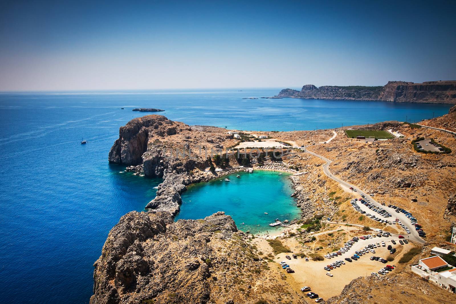 Looking down onto St Paul's Bay at Lindos on the Island of Rhodes Greece