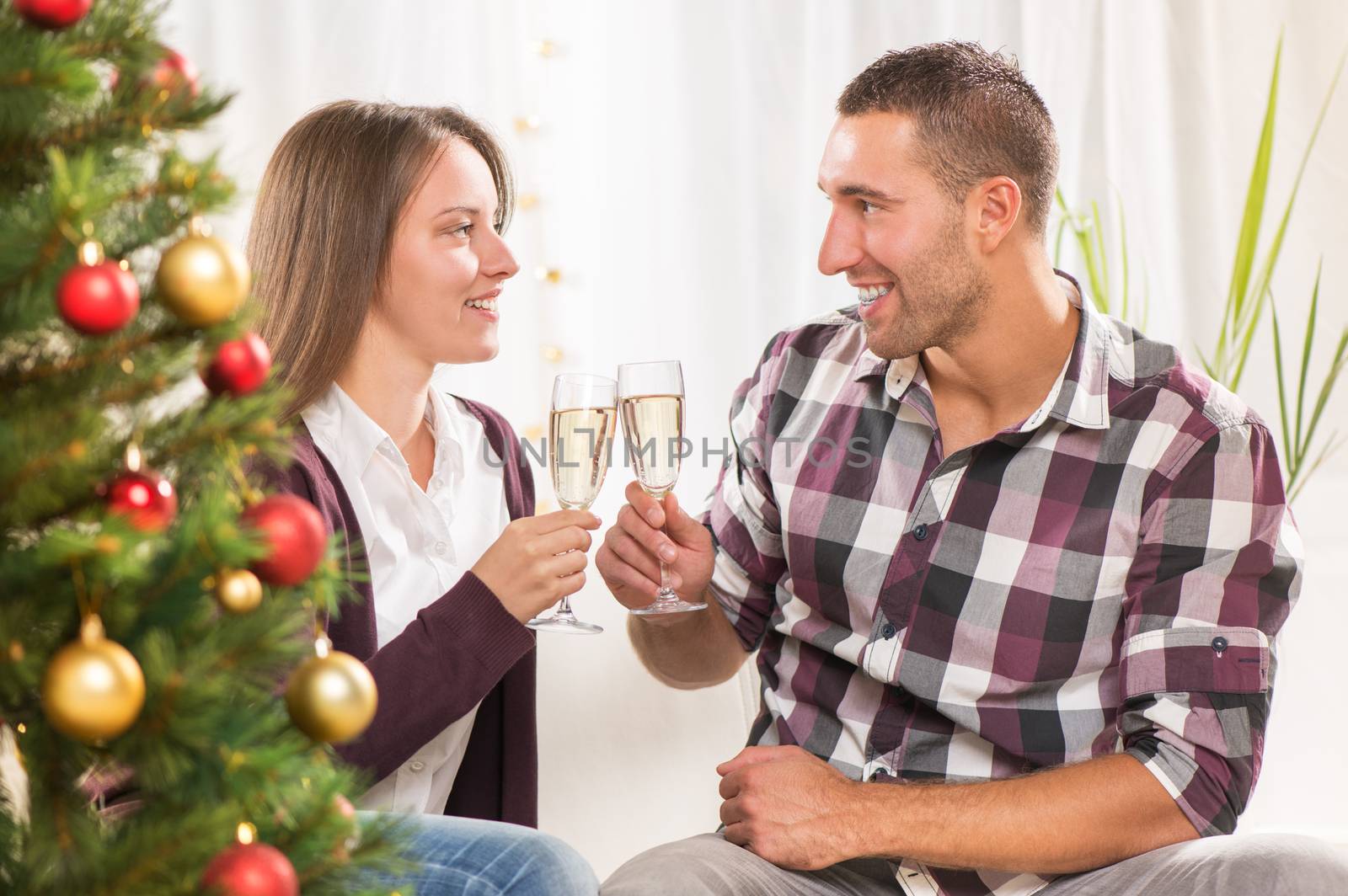 Young beautiful couple Celebrating Christmas or New Year with glass of champagne. 
