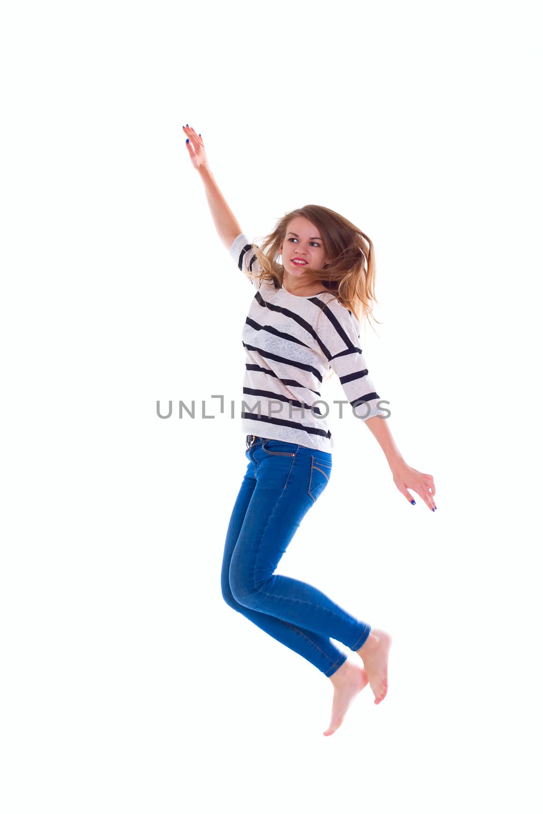smiling  girl in white blank t-shirt jumping by victosha