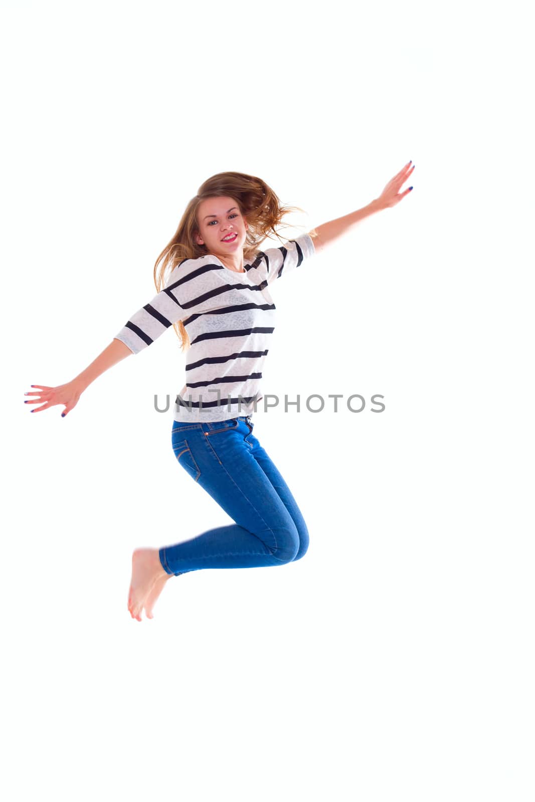 activity and happiness concept - smiling  girl in white blank t-shirt jumping