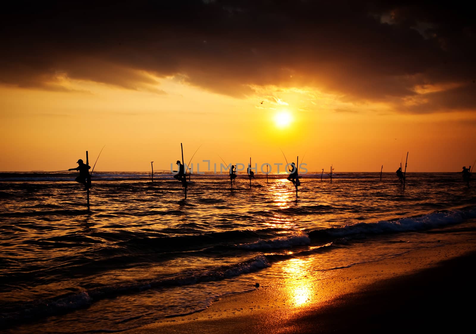 Silhouettes of the traditional stilt fishermen at the sunset near Galle in Sri Lanka