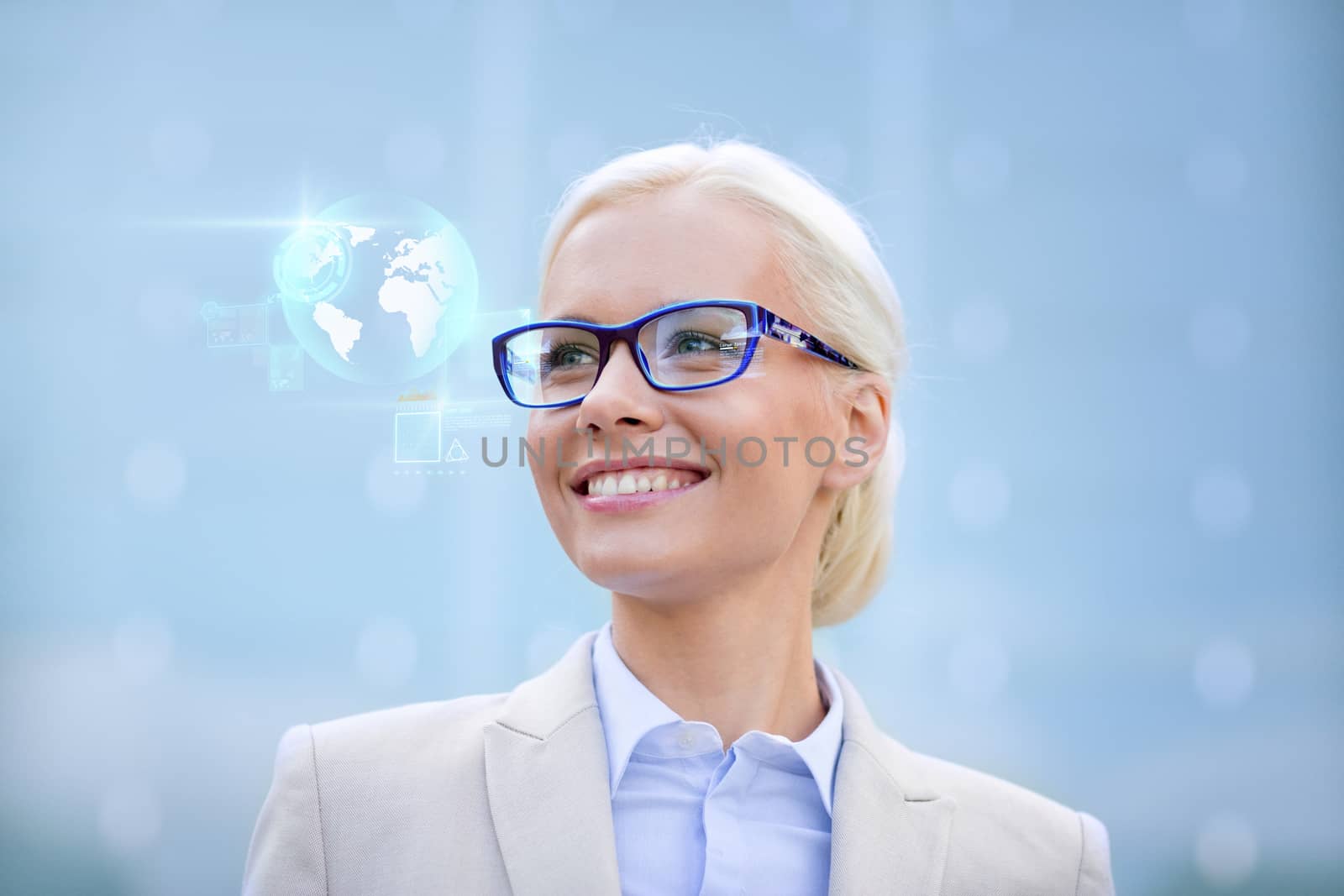 business, people, technology and education concept - young smiling businesswoman in eyeglasses with virtual screens and globe hologram outdoors