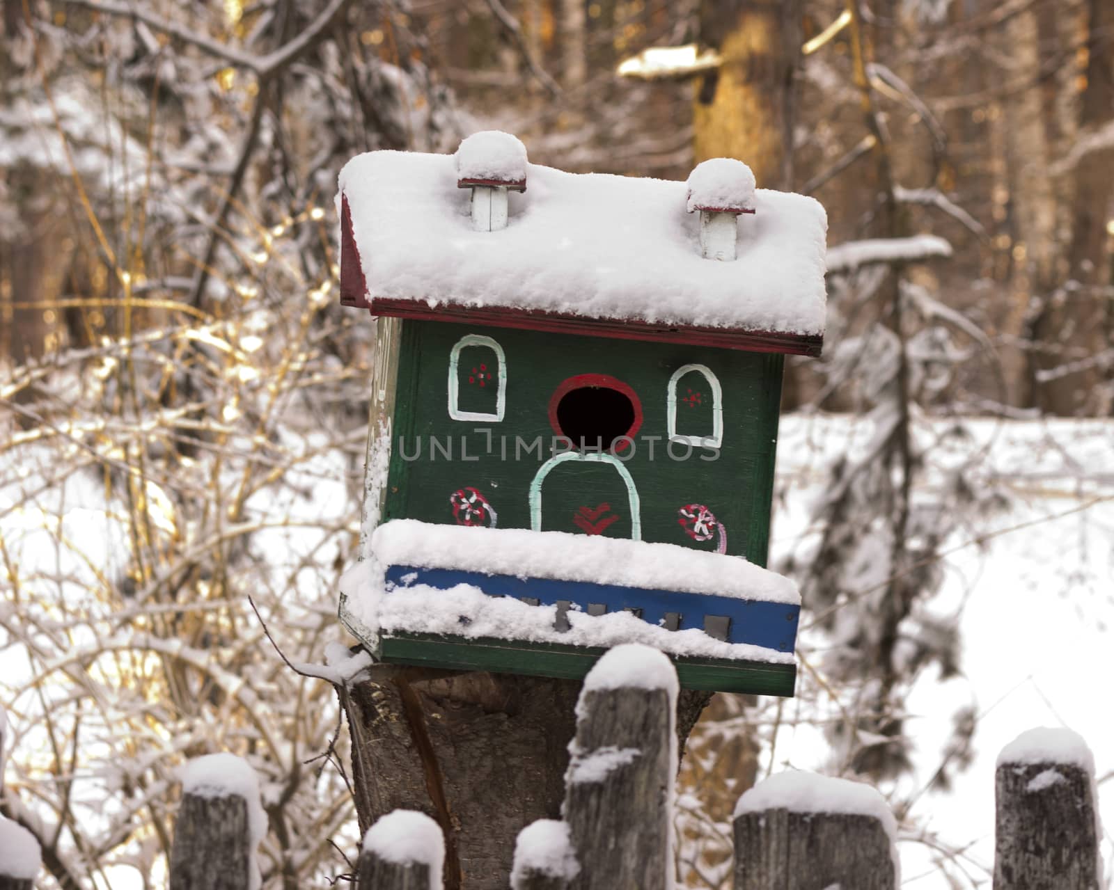 Bird houses made of wood in the winter environment