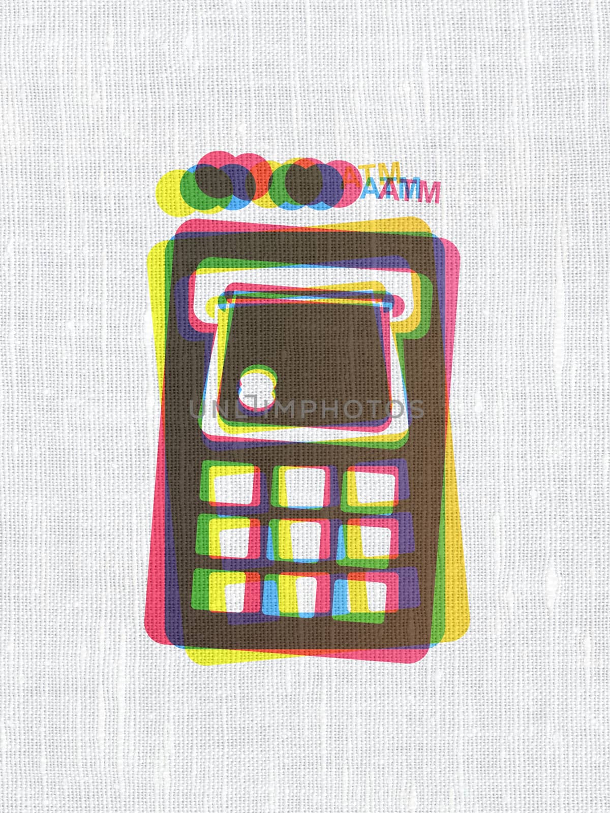 Currency concept: CMYK ATM Machine on linen fabric texture background