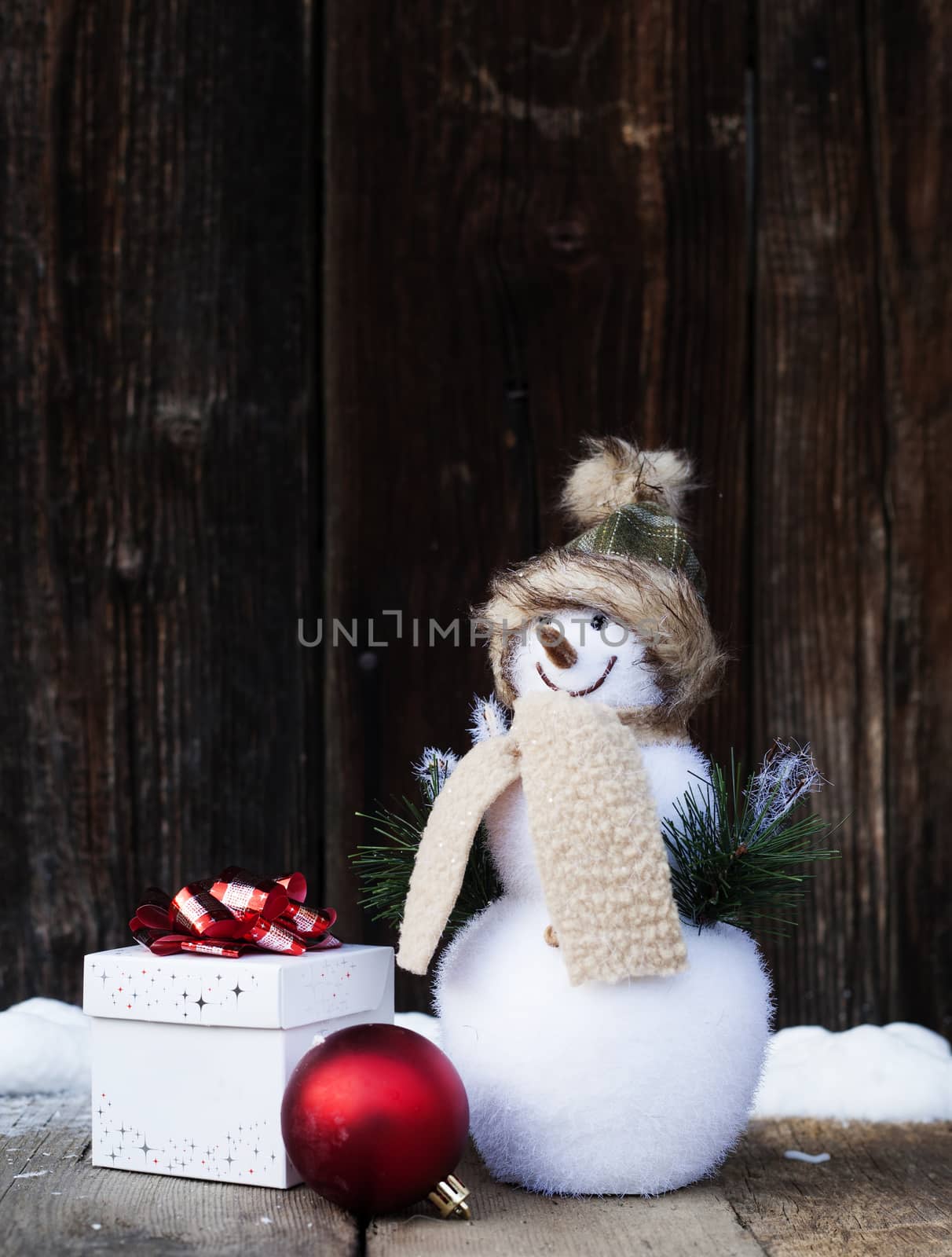 Christmas decorations on rustic wooden background