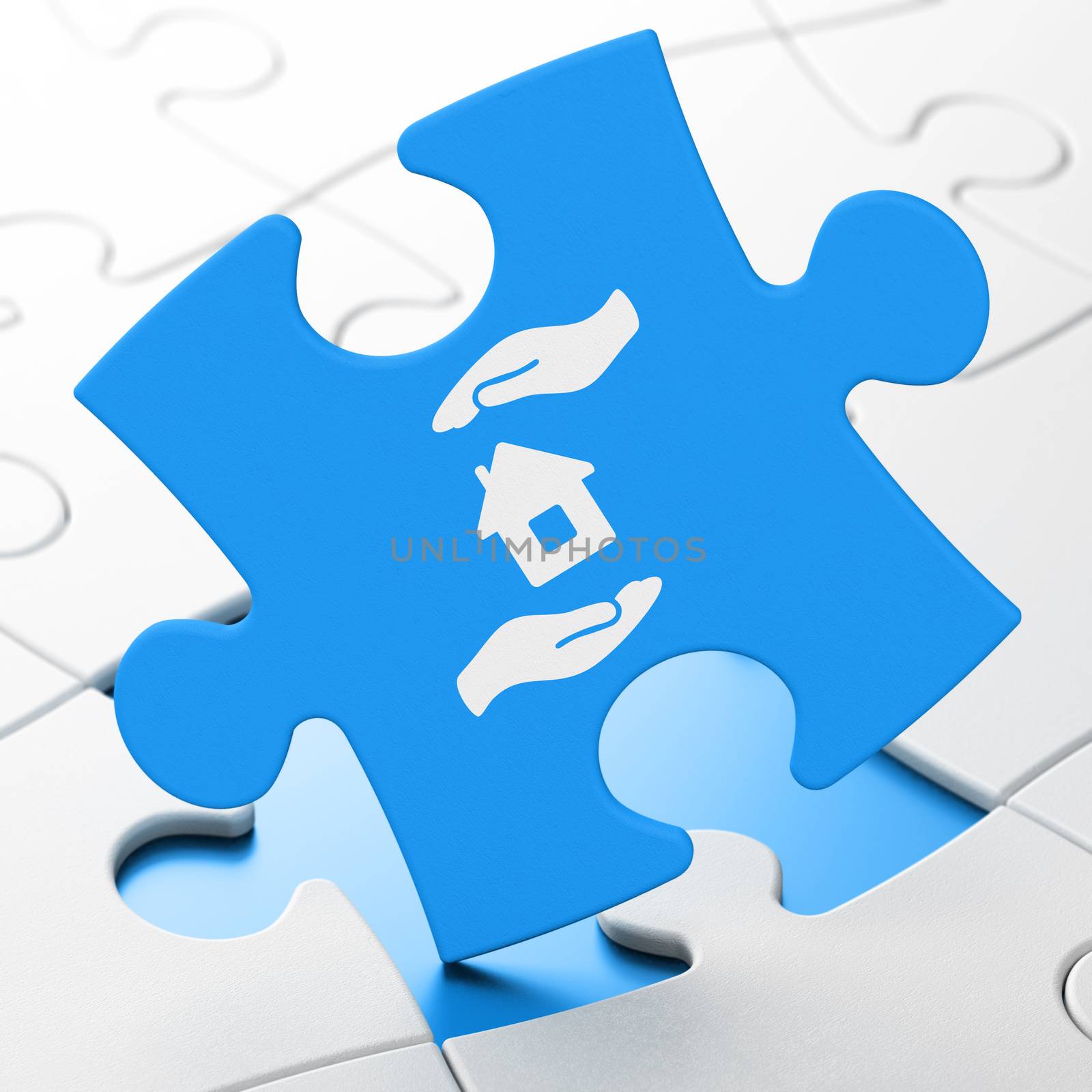 Insurance concept: House And Palm on Blue puzzle pieces background, 3d render