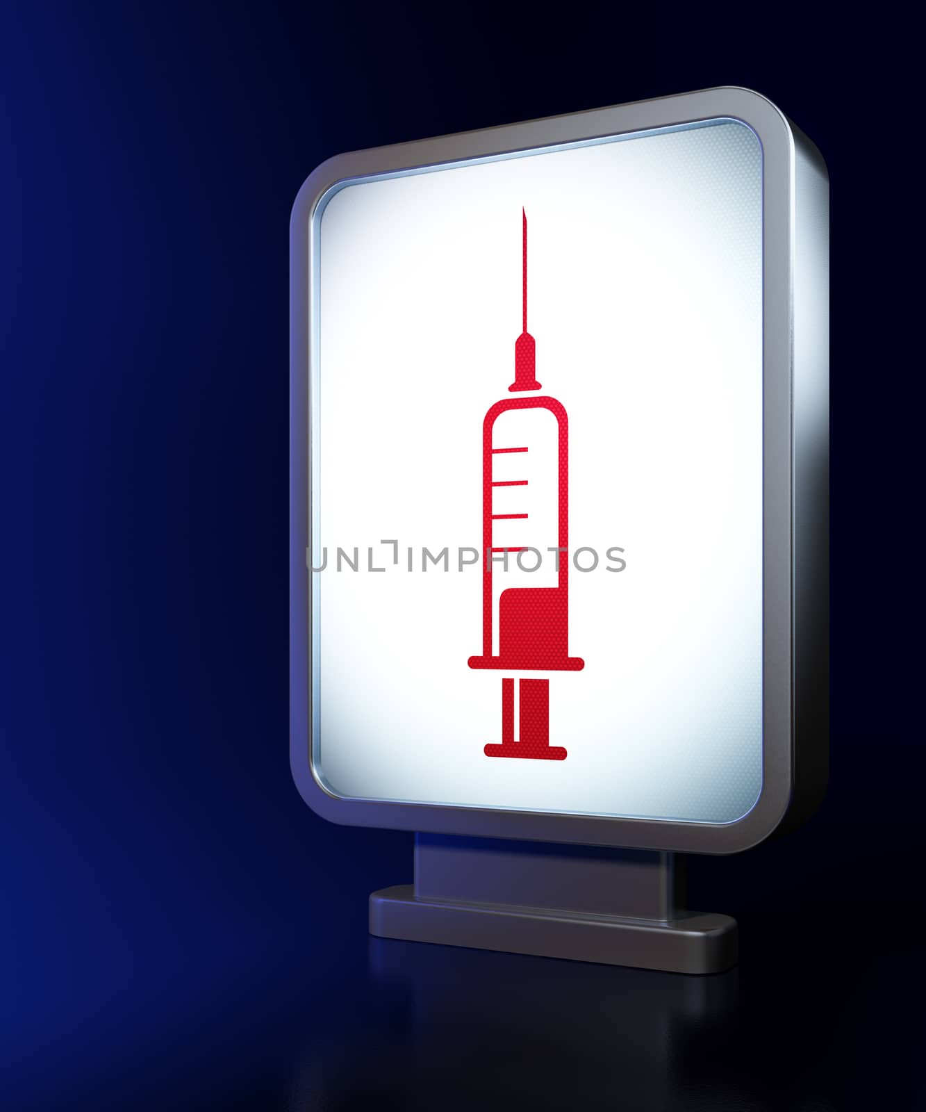 Health concept: Syringe on advertising billboard background, 3d render