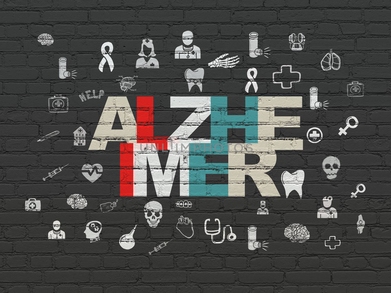 Healthcare concept: Painted multicolor text Alzheimer on Black Brick wall background with  Hand Drawn Medicine Icons