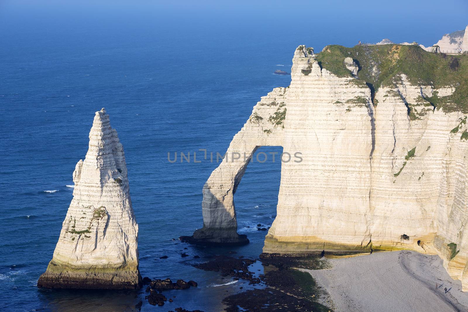 Aerial view of Etretat Aval cliff, Normandy, France.