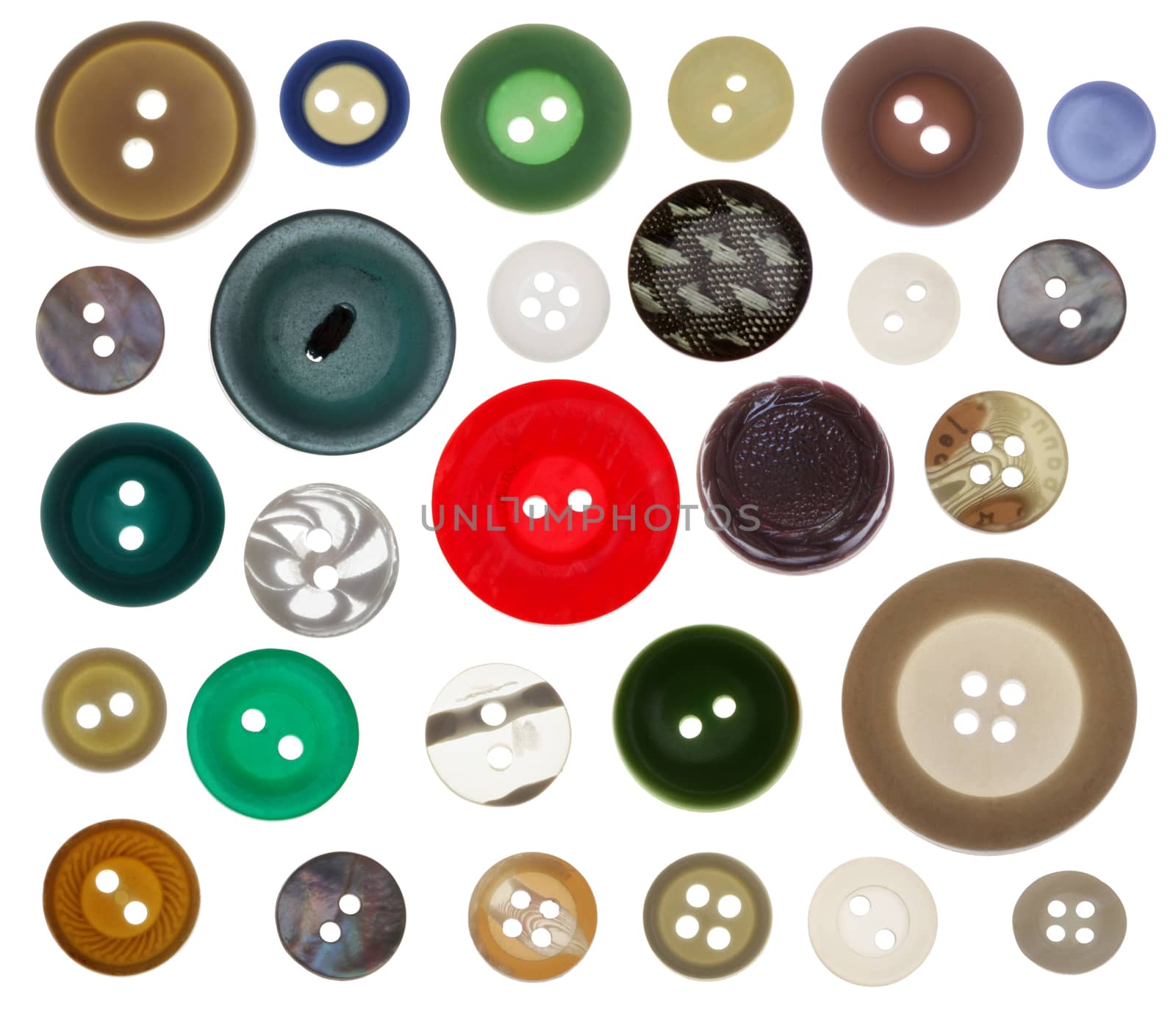 collection of various sewing button on white background