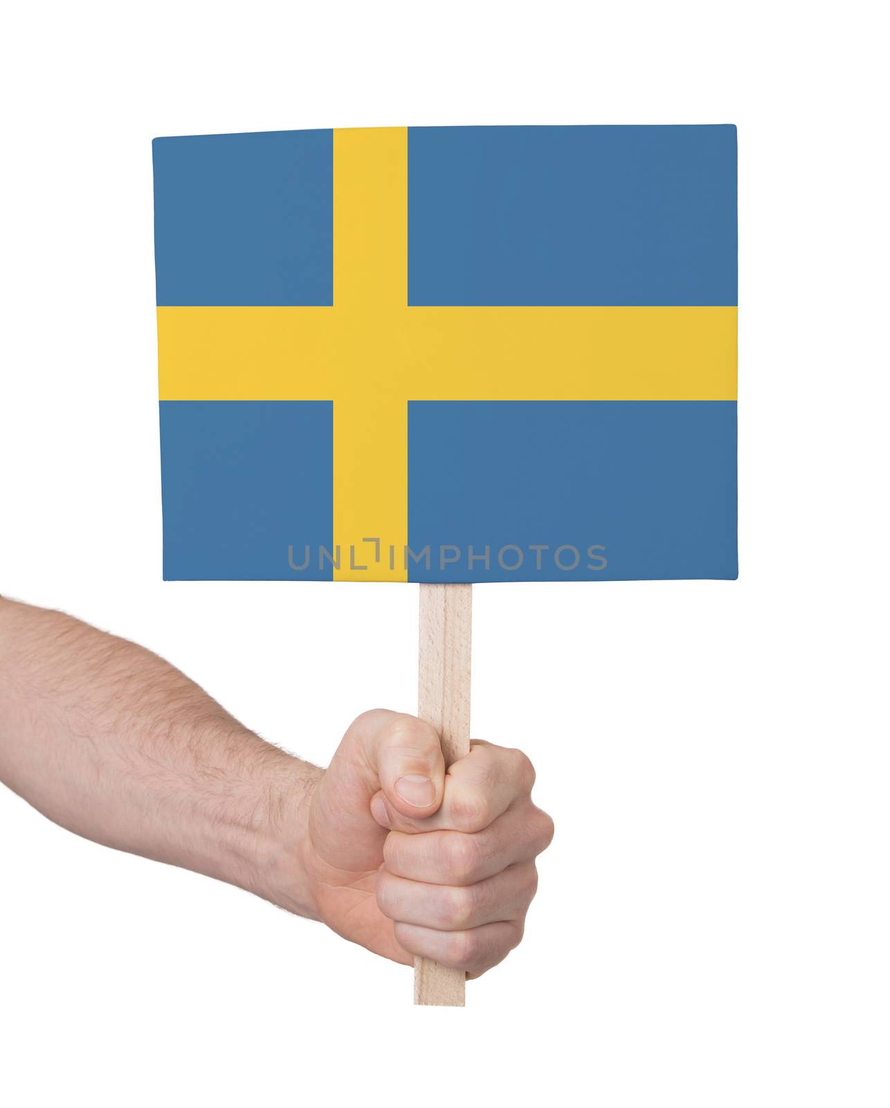 Hand holding small card, isolated on white - Flag of Sweden