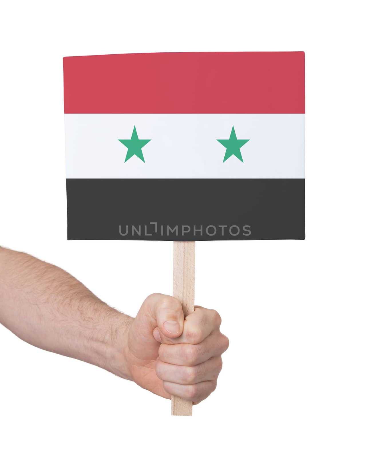 Hand holding small card, isolated on white - Flag of Syria