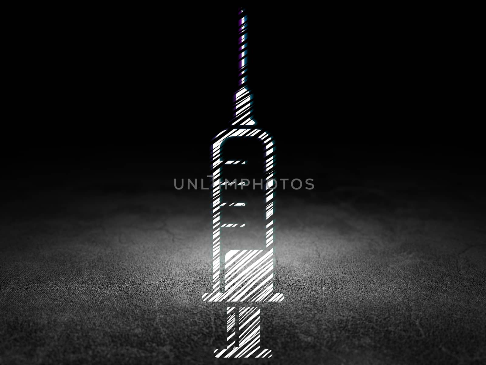 Health concept: Glowing Syringe icon in grunge dark room with Dirty Floor, black background