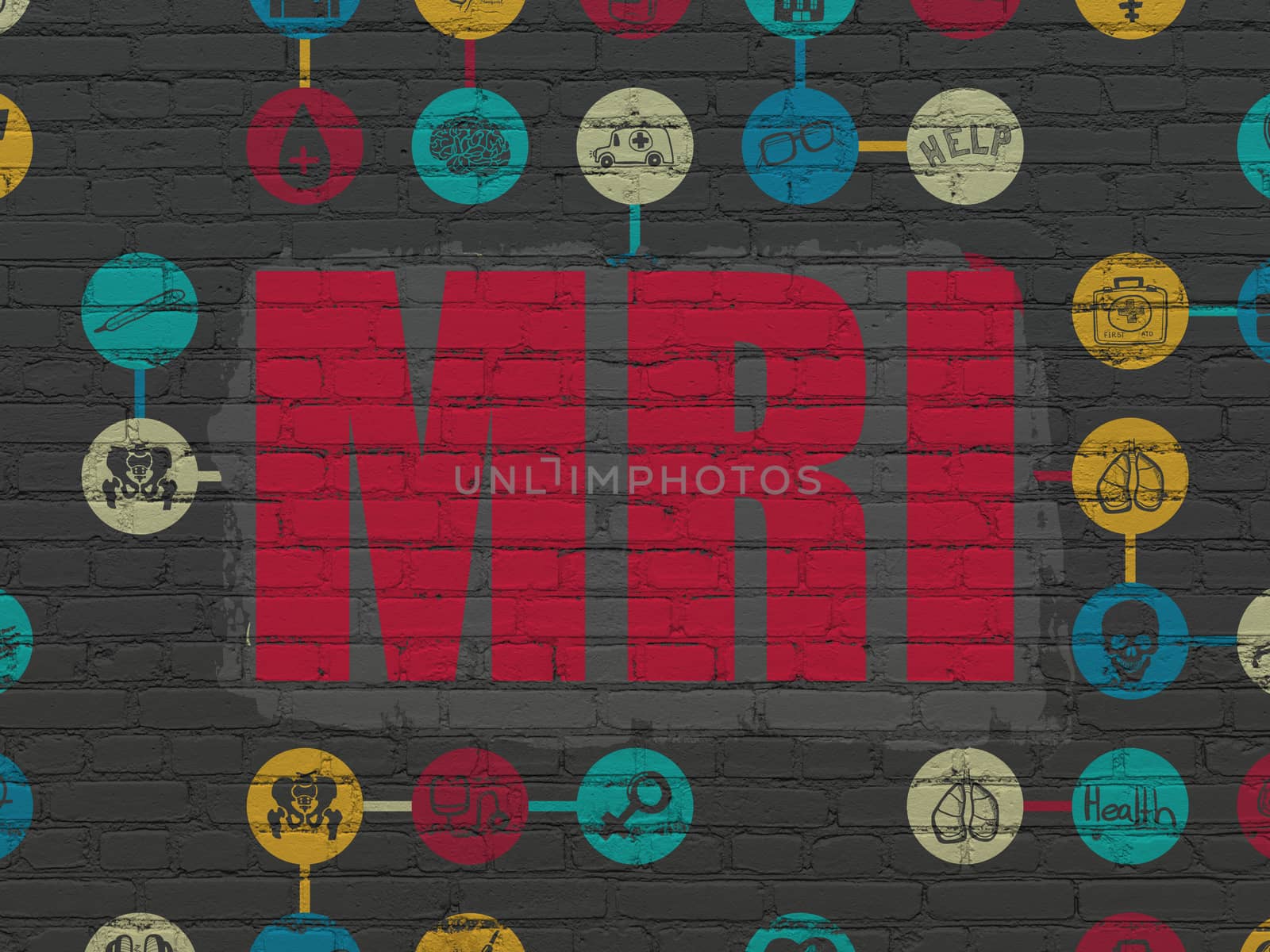 Medicine concept: Painted red text MRI on Black Brick wall background with Scheme Of Hand Drawn Medicine Icons