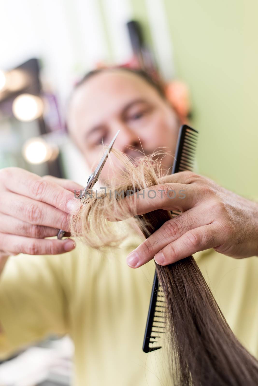 Man hairdresser cutting the hair of a woman. 