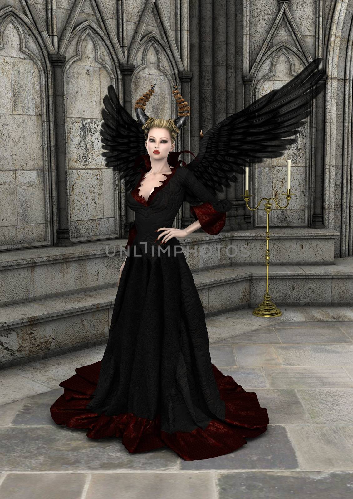 3D digital render of an evil queen on a fantasy castle background