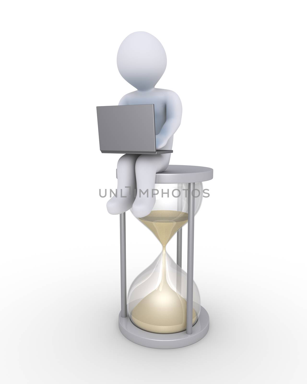 Person with laptop is sitting on a big hourglass