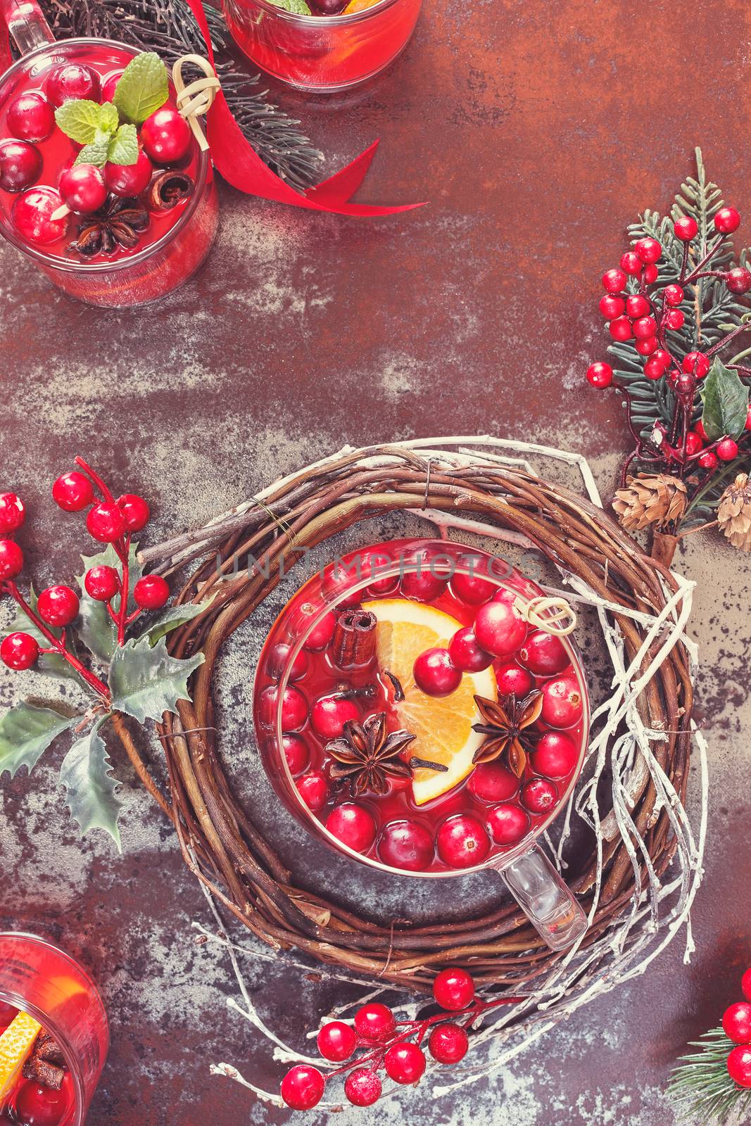 Sparkling Cranberry Orange Christmas Punch. Festive decoration. Done with vintage retro filter, top view