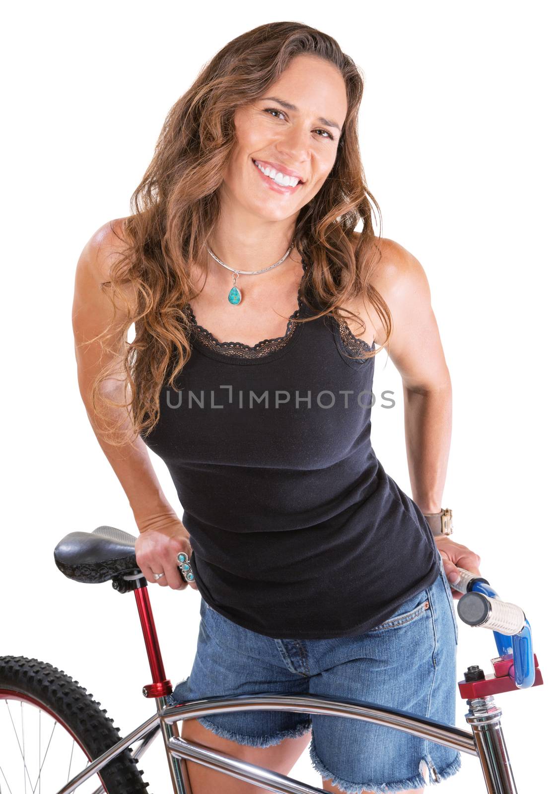 Cheerful Woman with Mountain Bike by Creatista