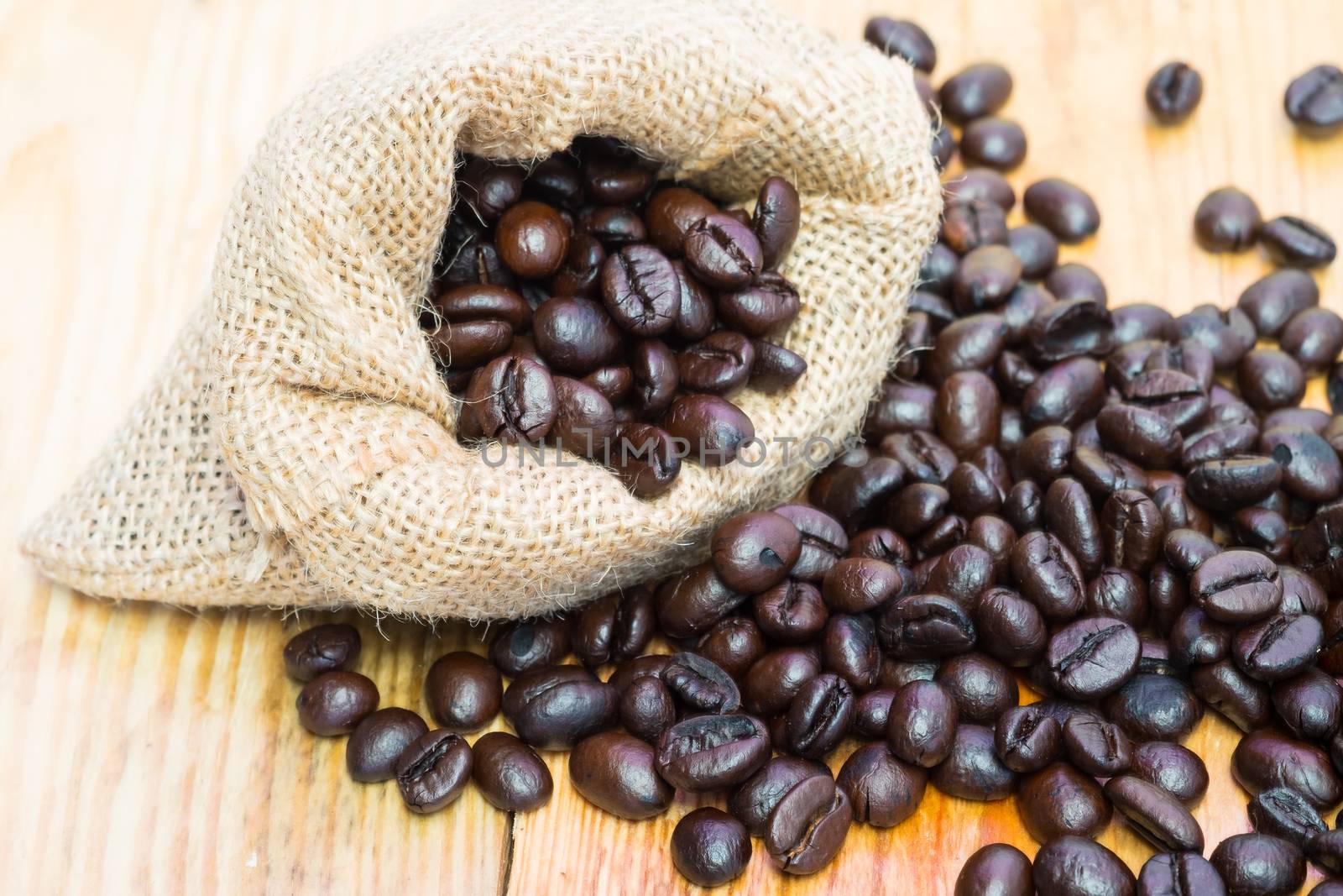 Coffee beans in burlap sack.