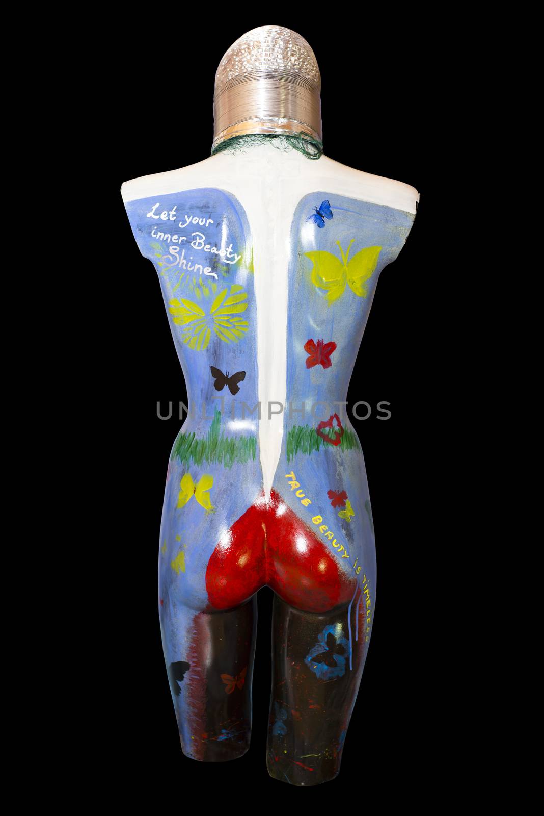 back of an multi colored artistic painted female mannequin torso with clipping path