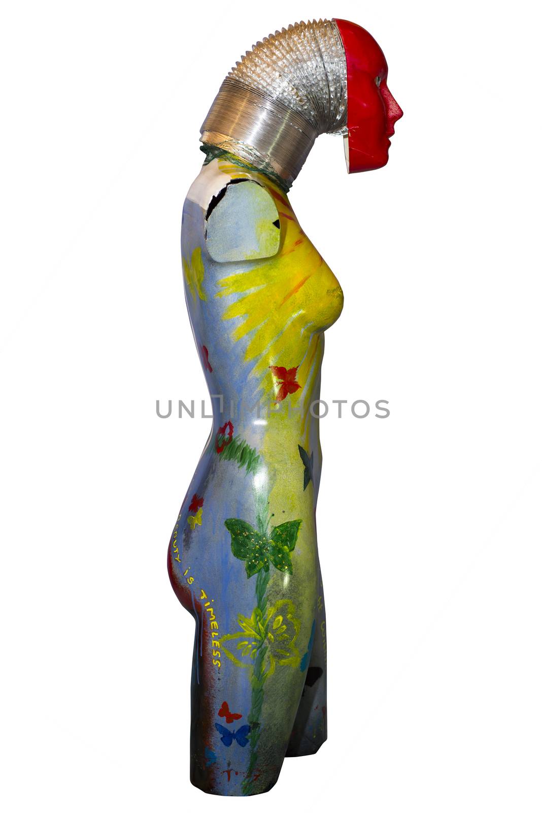 side of an multi colored artistic painted female mannequin torso with clipping path