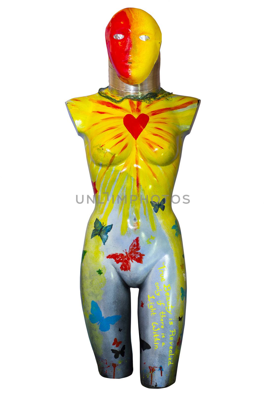 front of an multi colored artistic painted female mannequin torso with clipping path