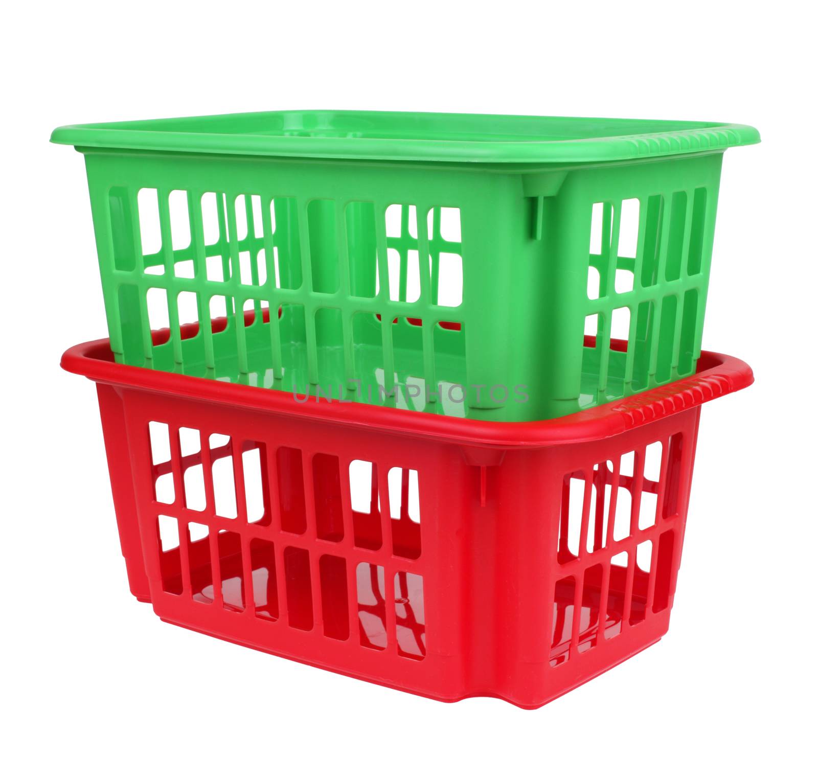 empty red and green plastic basket isolated on white
