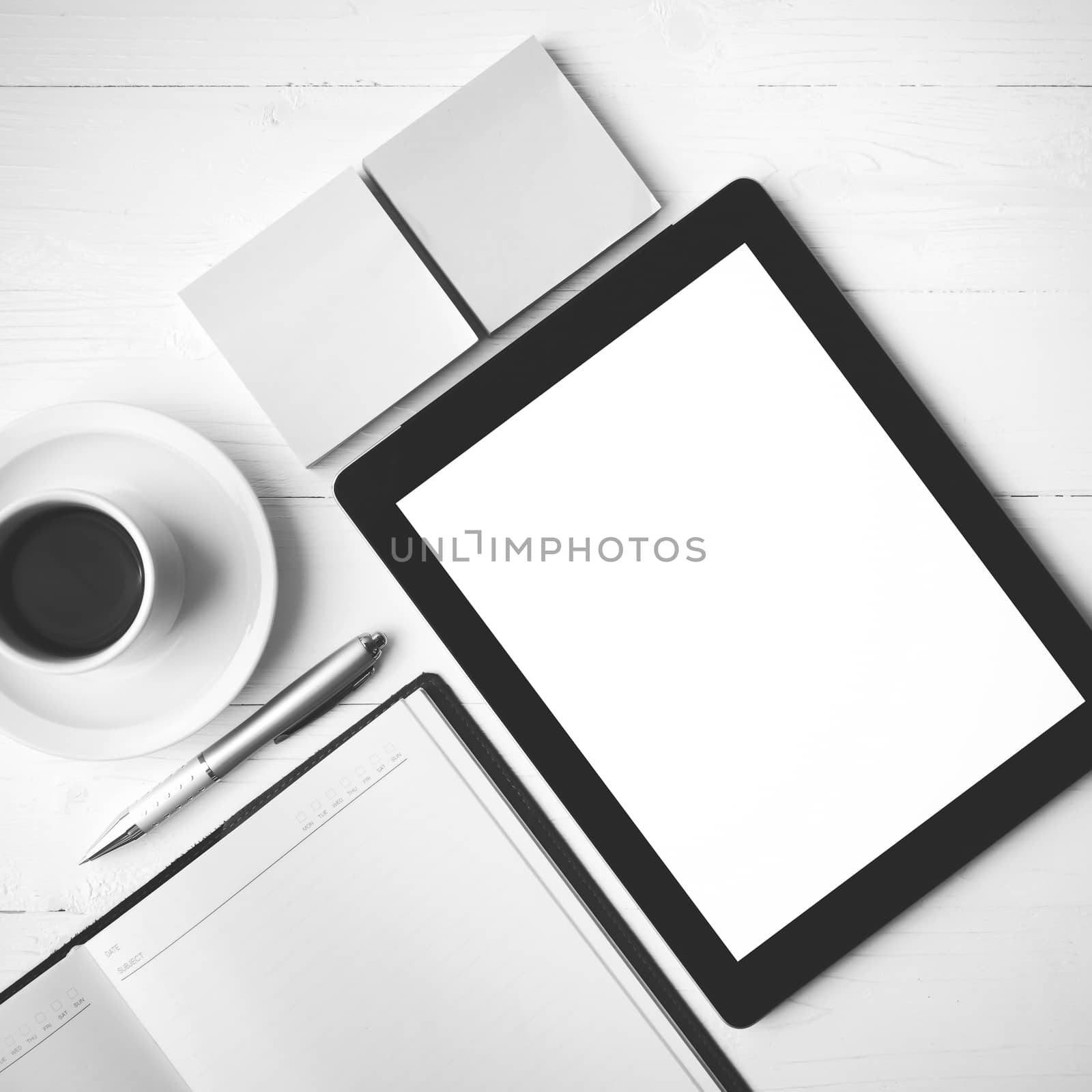 tablet with notebook and coffee cup black and white color style by ammza12