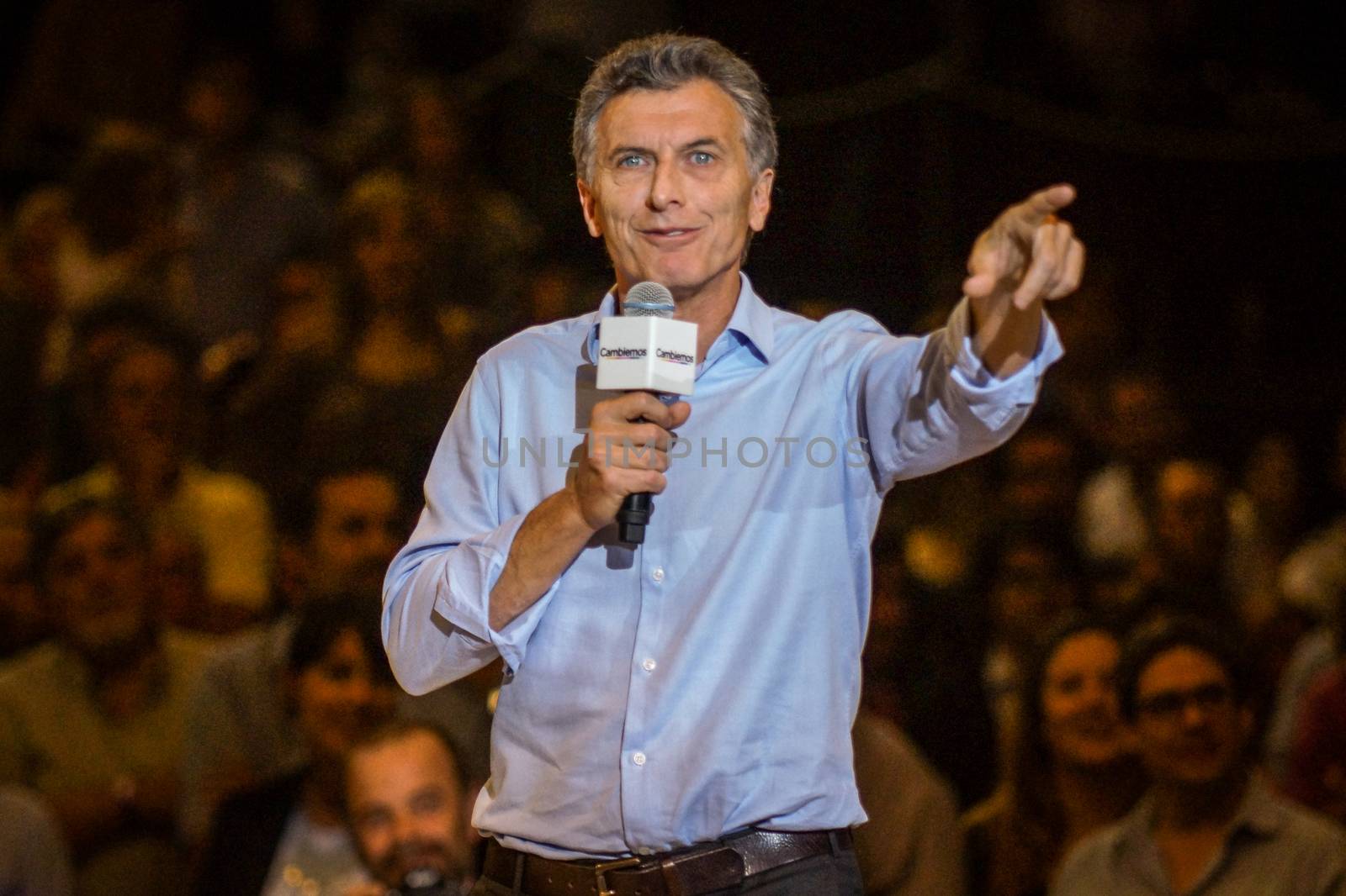 ARGENTINA, Cordoba: Mauricio Macri, outgoing mayor of Buenos Aires and presidential candidate from the opposition Cambiemos ('Let's change') party, addresses supporters at a final campaign rally in Cordoba, Argentina on October 22, 2015. Argentina's general election will take place on October 25.