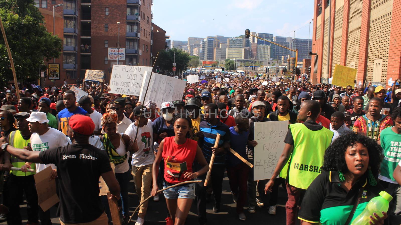 SOUTH AFRICA, Johannesburg: Thousands of students from two universities marched to the ANC head office in Johannesburg on October 22, 2015 in protest over proposed fee rises. They began at their respective campuses at University of Witwatersrand and the University of Johannesburg to give Gwede Mantashe, the Secretary General of the African National Congress a memorandum in which they asked for free quality education for all.