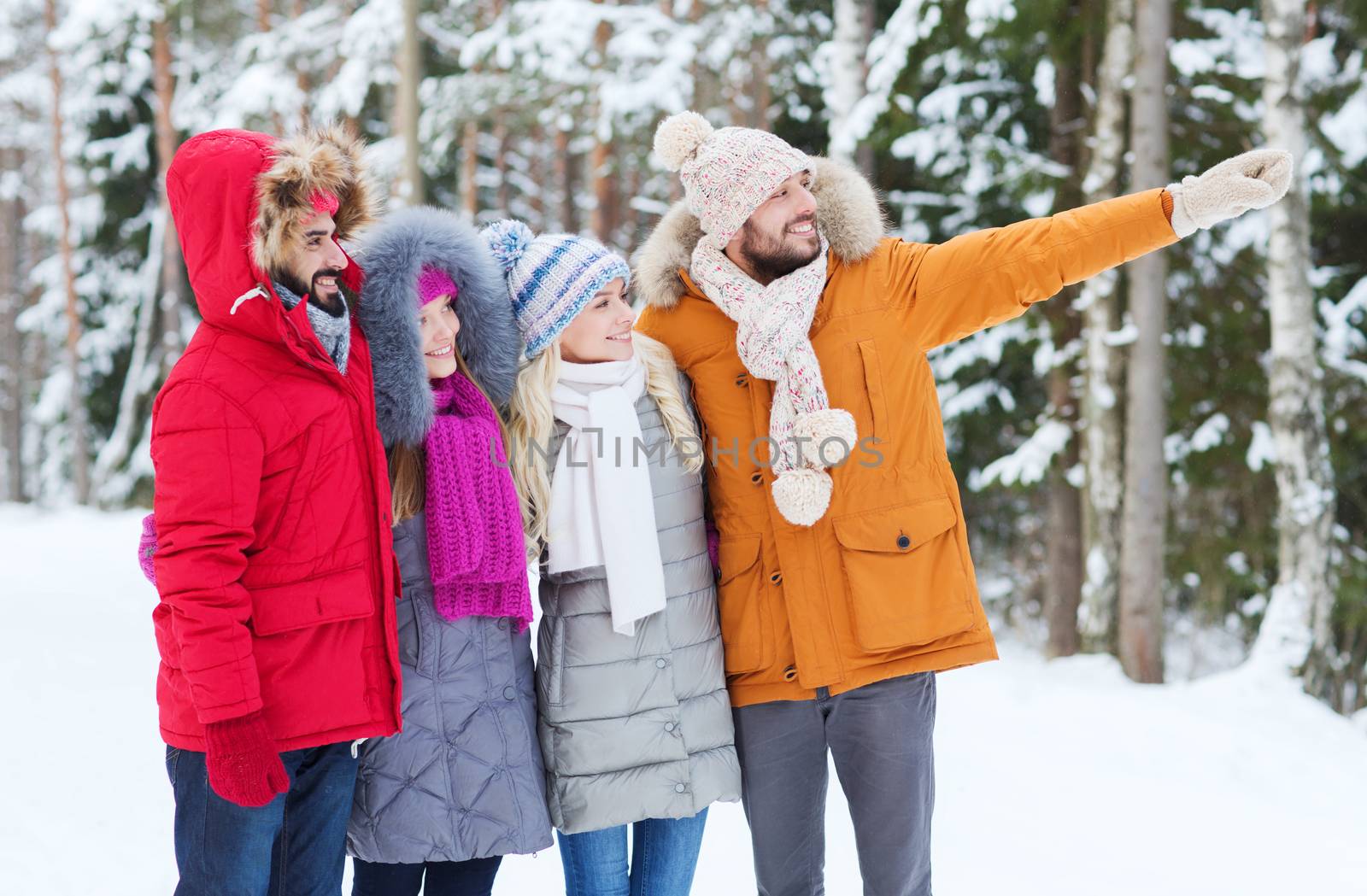 love, relationship, season, friendship and people concept - group of smiling men and women pointing finger in winter forest