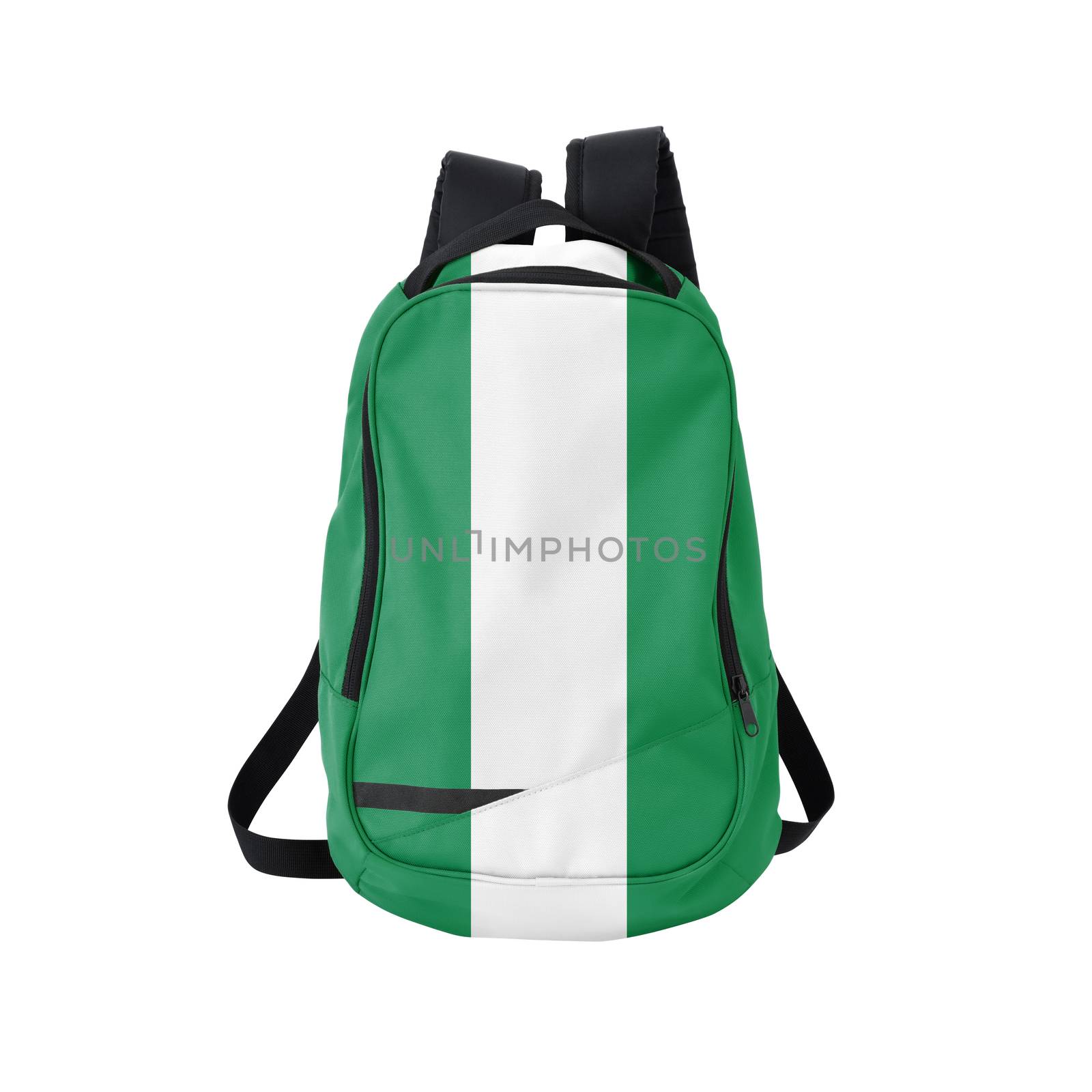 Nigeria flag backpack isolated on white background. Back to school concept. Education and study abroad. Travel and tourism in Nigeria