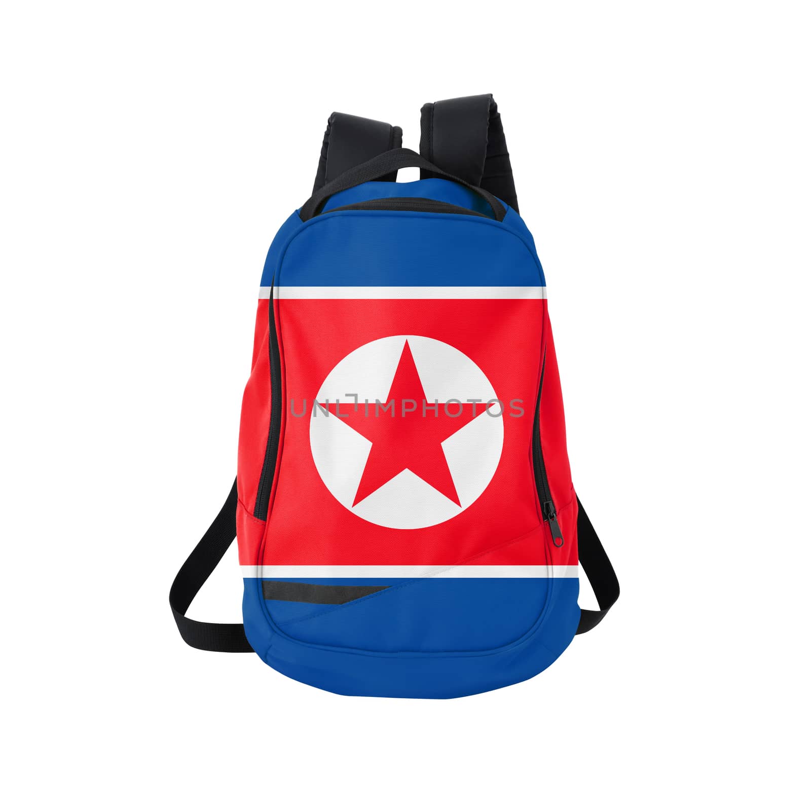 North Korea flag backpack isolated on white background. Back to school concept. Education and study abroad. Travel and tourism in North Korea