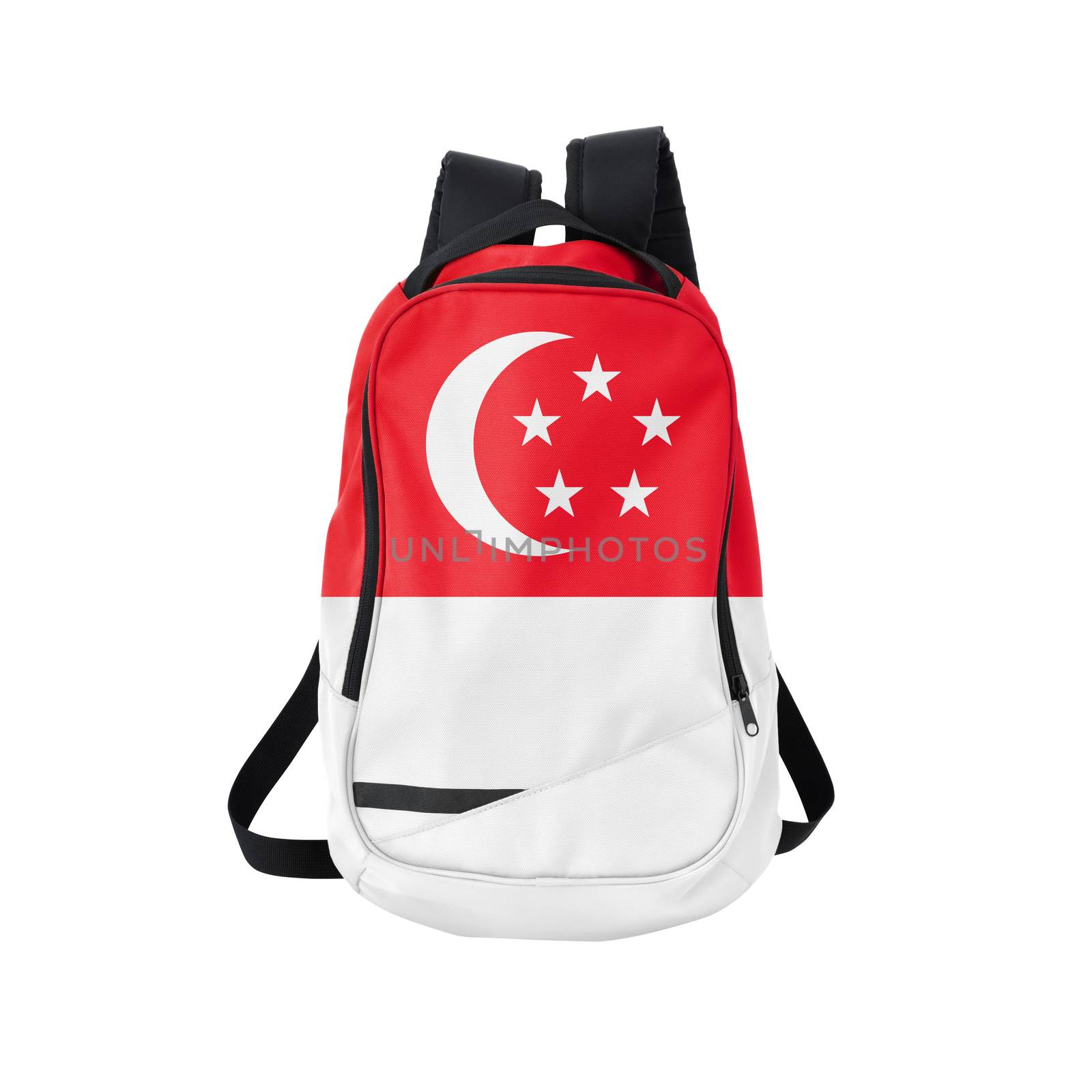 Singapore flag backpack isolated on white background. Back to school concept. Education and study abroad. Travel and tourism in Singapore
