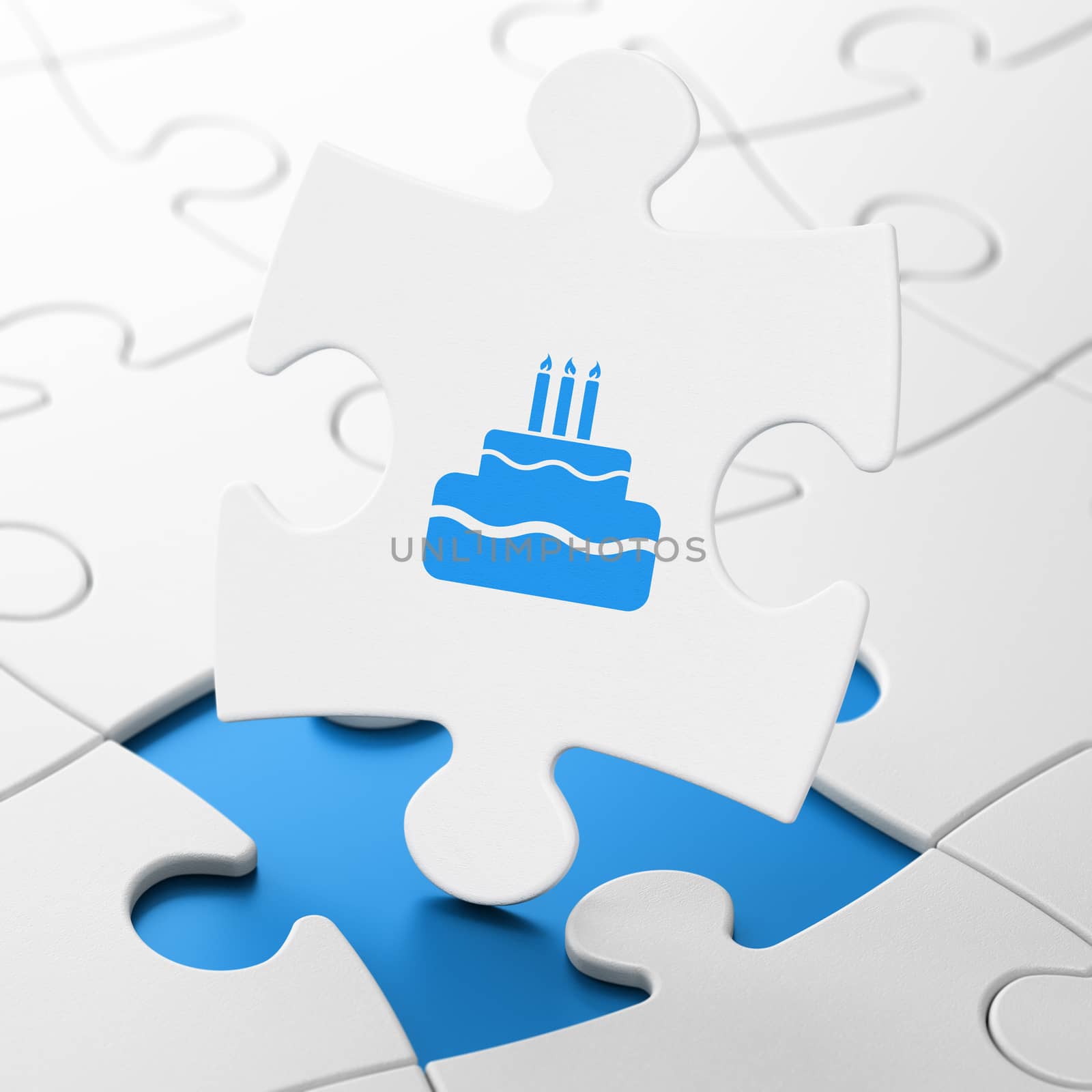 Holiday concept: Cake on White puzzle pieces background, 3d render