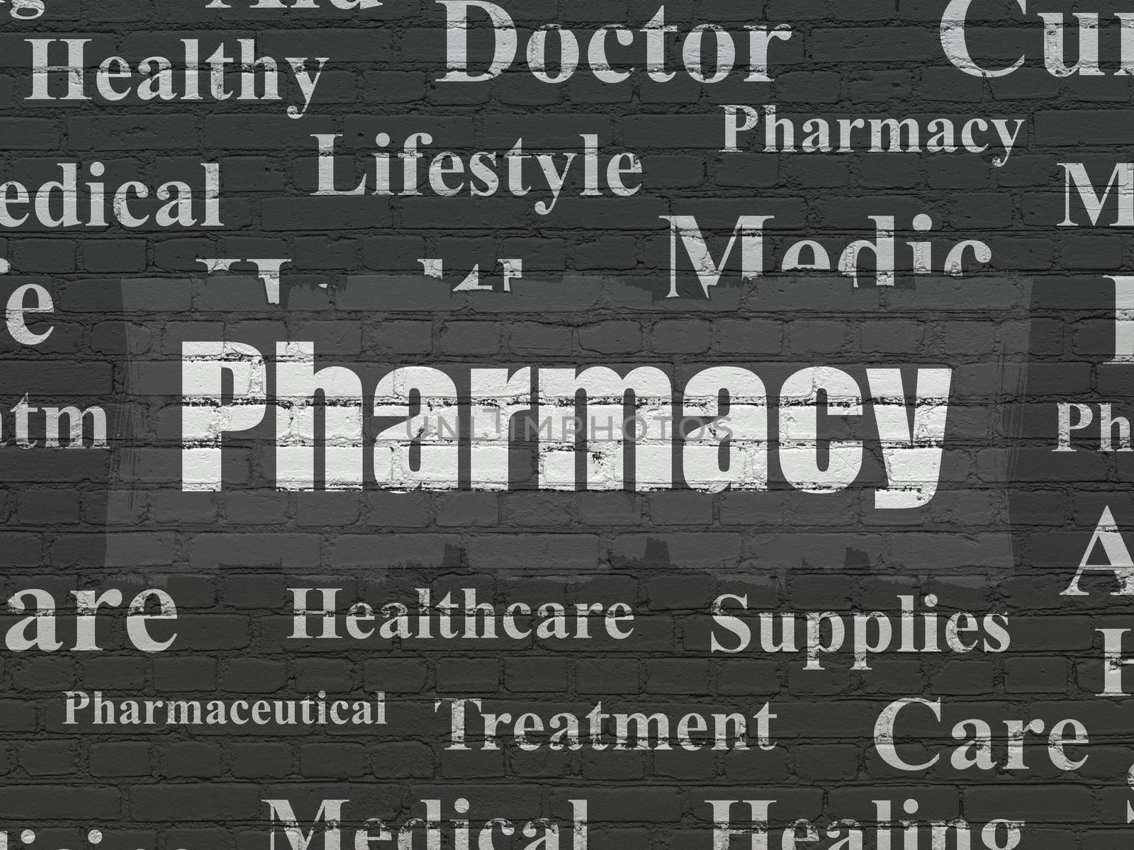 Healthcare concept: Painted white text Pharmacy on Black Brick wall background with  Tag Cloud